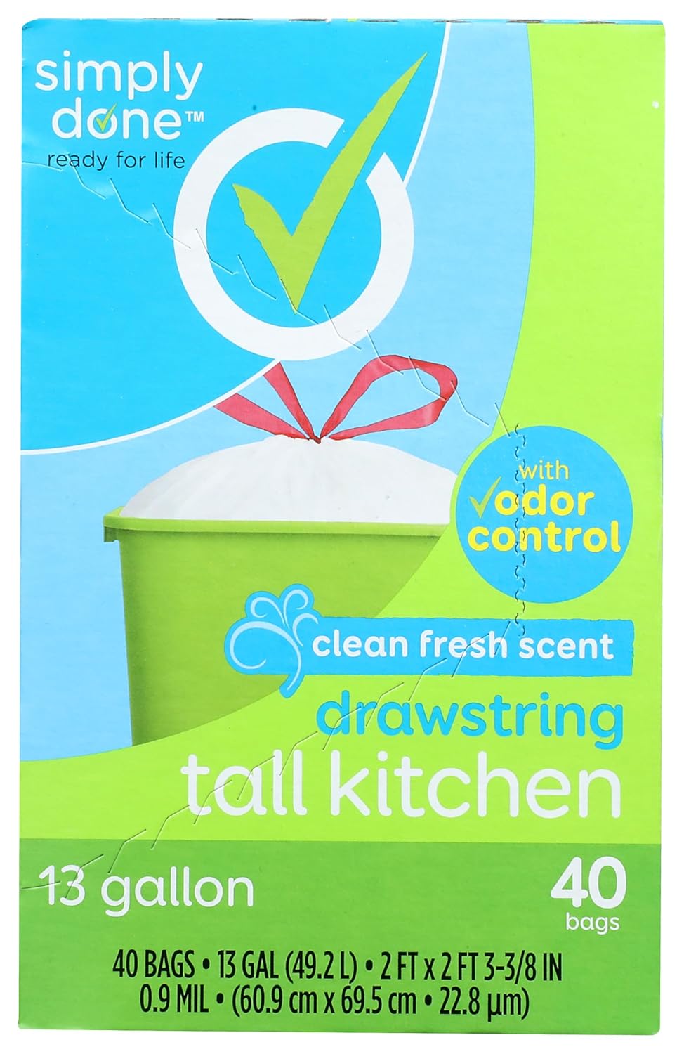Simply Done, Tall Kitchen Bags, Drawstring, Clean Fresh Scent, 13 Gallon (40-Count)