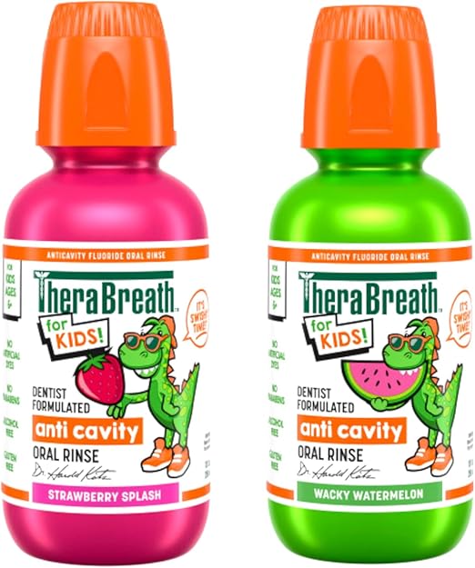 Kids Mouthwash with Fluoride, Organic Strawberry Splash, Anticavity, 10 fl oz & TheraBreath Kids Mouthwash with Fluoride, Organic Wacky Watermelon, Anticavity, 10 fl oz