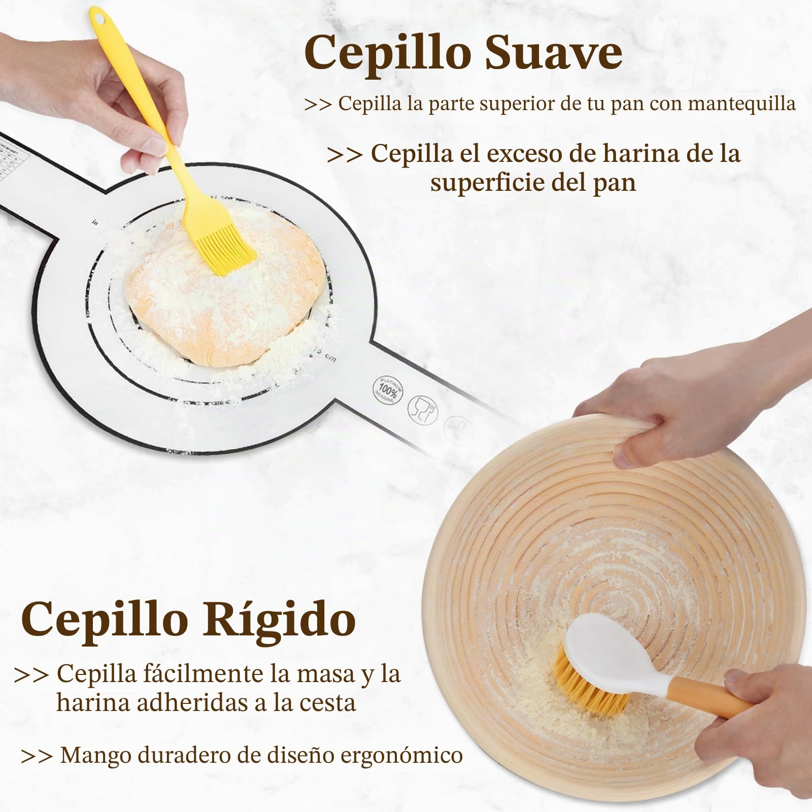 BEWOS Cesta de Fermentación para Pan de 9 Piezas - Contiene Canasta Oval 25 cm y Redonda 23 cm para Fermentar, Hecho en Mimbre Natural, con una Rasqueta y su Funda Protectora