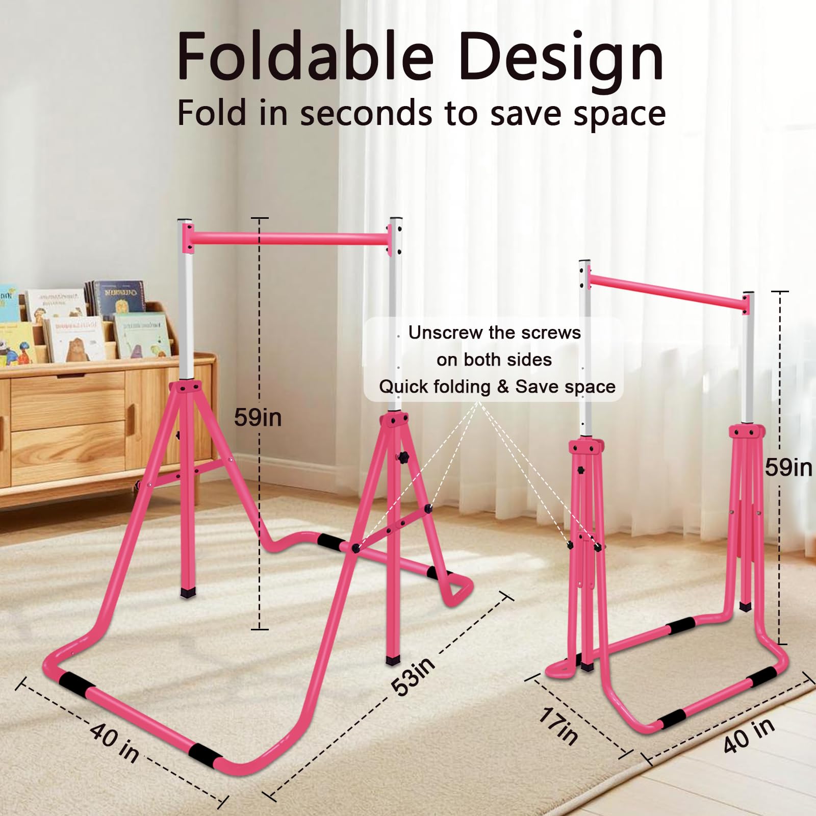 Condition photo showing New/Like New for gymnastics bar for kids, adjustable height gymnastic horizontal bars, folding gymnastic junior training monkey bars equipment for home indoor/outdoor using, pink