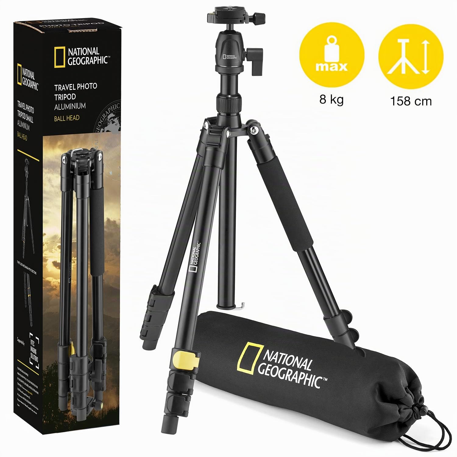 National Geographic, Kit Trépied Photo de Voyage avec Sac de Transport, Monopode, Jambes à 4 Sections, Verrouillage Levier, Rotule Ball, Plateau Rapide, Charge 6 kg, Alu, NGTR001L [Exclusif Amazon]