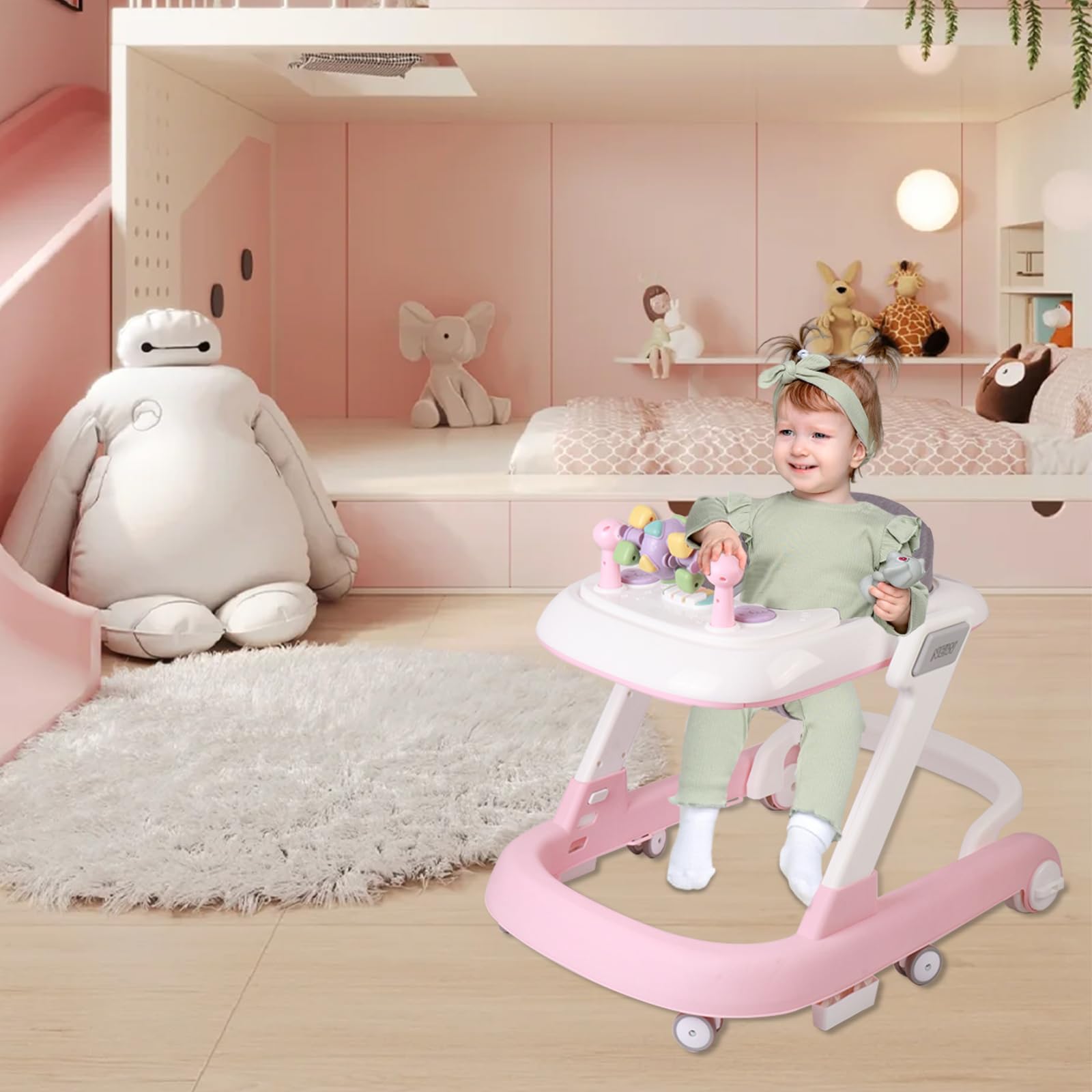 Andador escalable, andador con actividades, ajustables, arco de actividad ajustable con juguetes incluidos, para bebé de 6 a 12 meses, 60 x 55 x 70 cm, rosa