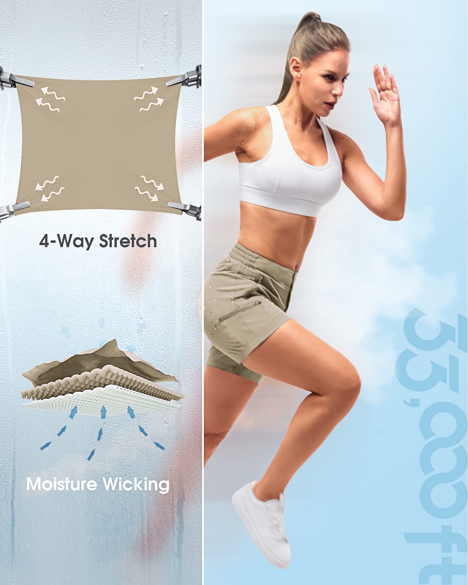 33,000ft Pantaloni corti da trekking, da donna, elasticizzati, leggeri, estivi, UPF50+, per escursioni, campeggio, viaggi