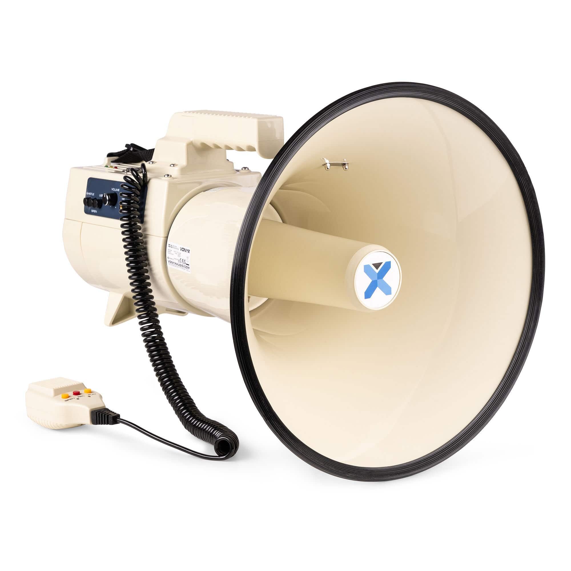 Vonyx MEG150 - Megafono professionale da 150 W con batteria ricaricabile, sirena e microfono, Bluetooth, funzione di registrazione, portata fino a 2000 metri, USB, SD, MP3 e AUX, cinghia, colore beige
