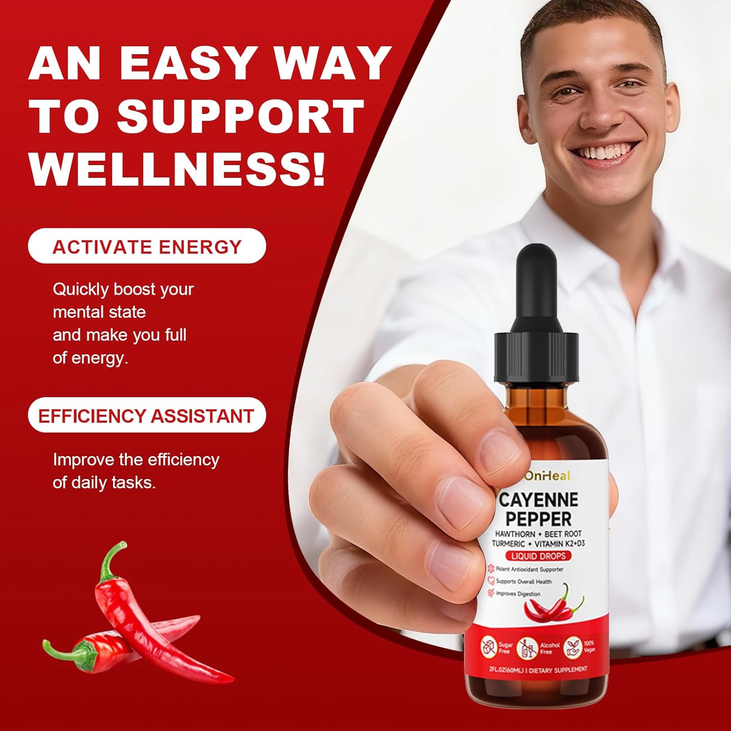 Pure Capsaicin Extract, Contains Hawthorn, Beetroot, Turmeric, Vitamins K2 and D3, Ginseng, Ceylon Cinnamon - Capsaicin Supplement for Health Benefits - 60ml