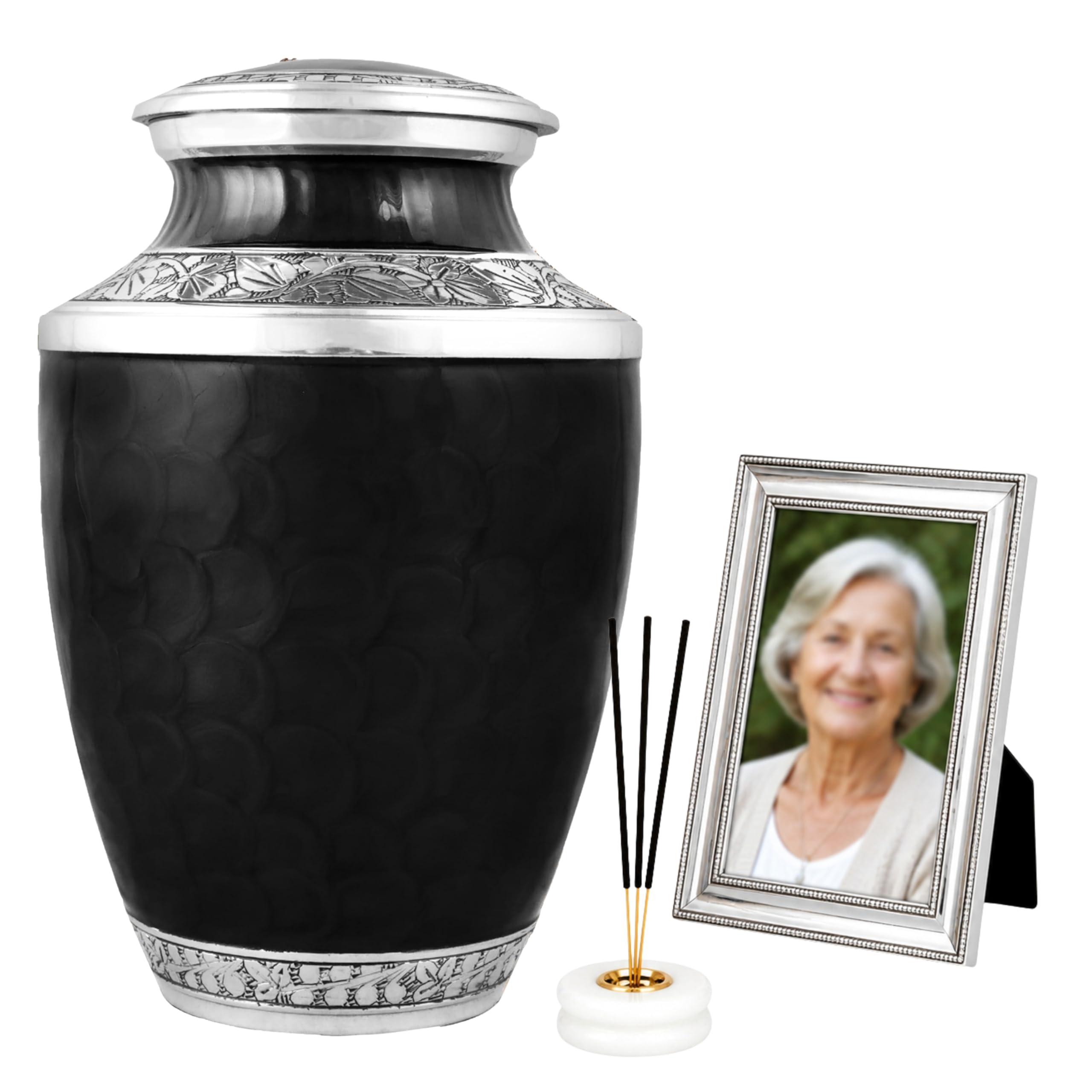 CLEENTABLE Handcrafted Metal Urn for Ashes Adult Male & Female - Cremation Urns for Human Adult - Decorative Funeral Urn - Secure Screw-Top Lid, Holds Up to 200 lbs 10" (Black & Silver) — image 1