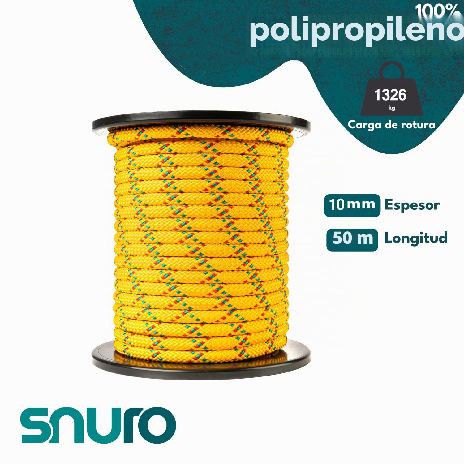 Cuerda de polipropileno (10mm, 50M, amarillo con rojo y verde) - Cuerda trenzada ligera y versátil para exteriores, para supervivencia y jardín - ¡No para escalar! - Carga de rotura 1326kg