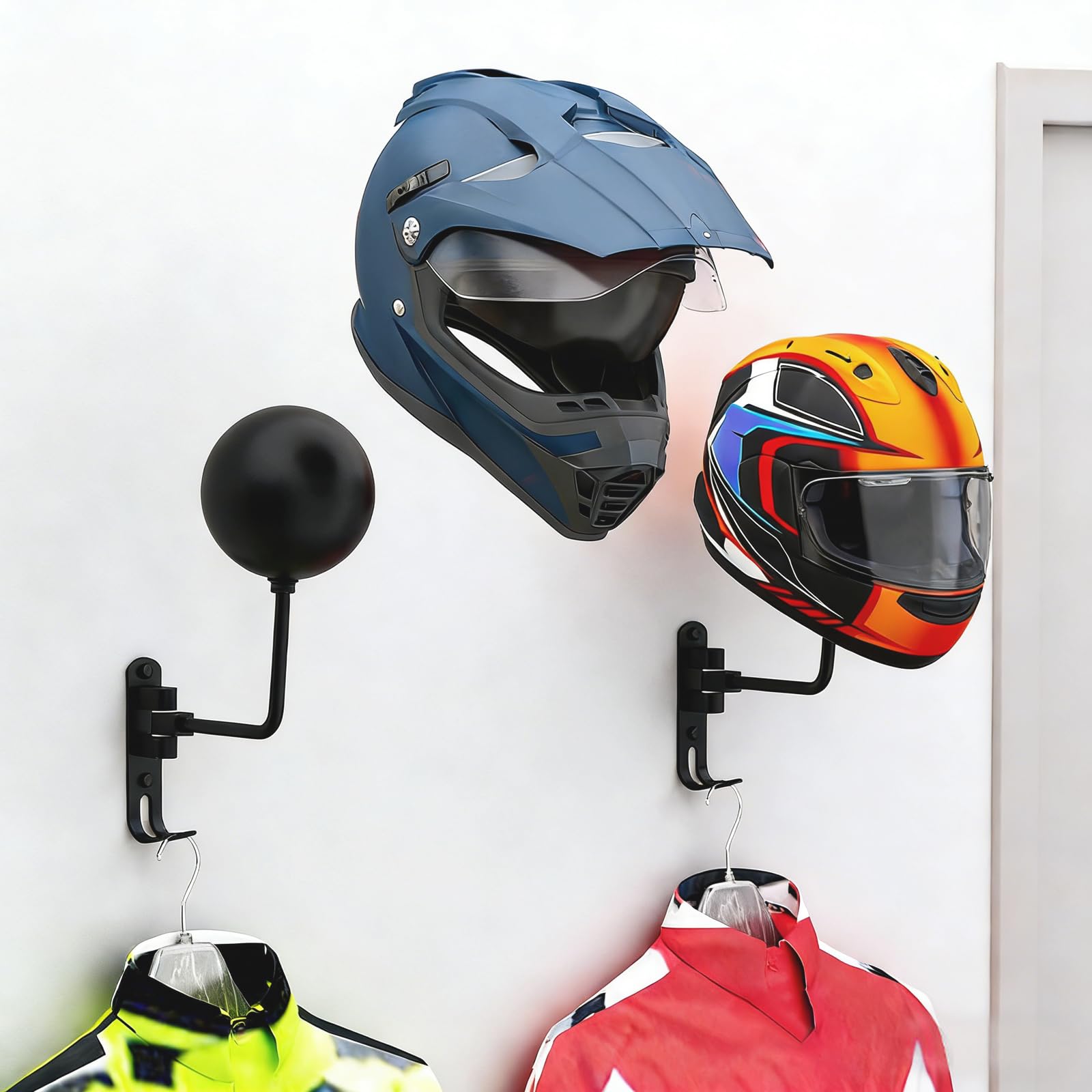 2 Pièces Support Mural Casque Moto Polyvalent, Sphérique Porte de Casque Mural de Rotation 180° avec Crochet, Accessoire Moto pour Accrocher Chapeaux, Manteaux et Clés, Noir
