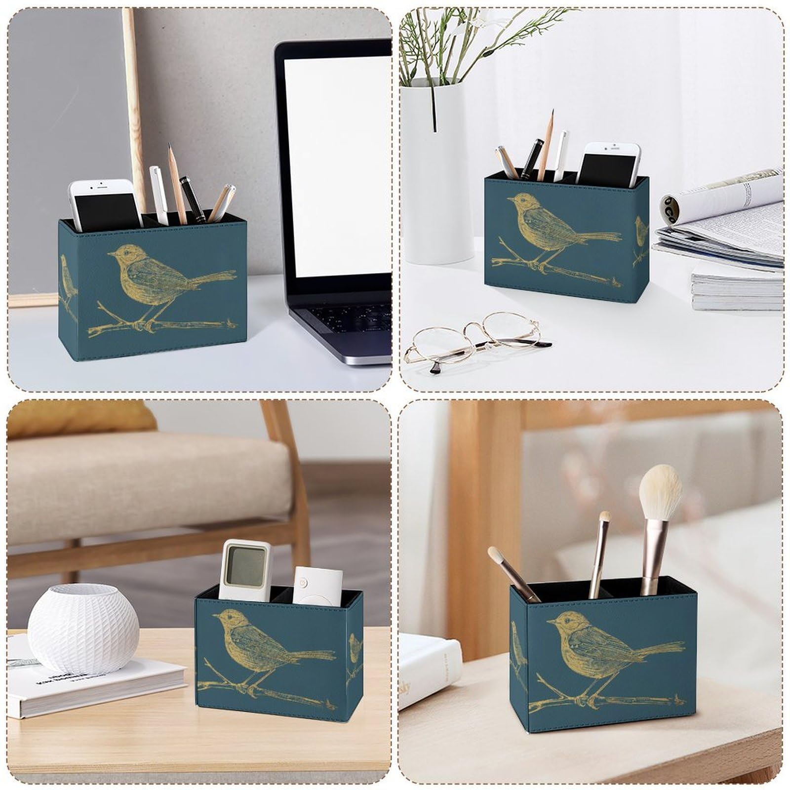 Famame Pot à crayons en cuir doré en forme d'oiseau sur branche pour bureau, bureau, maison
