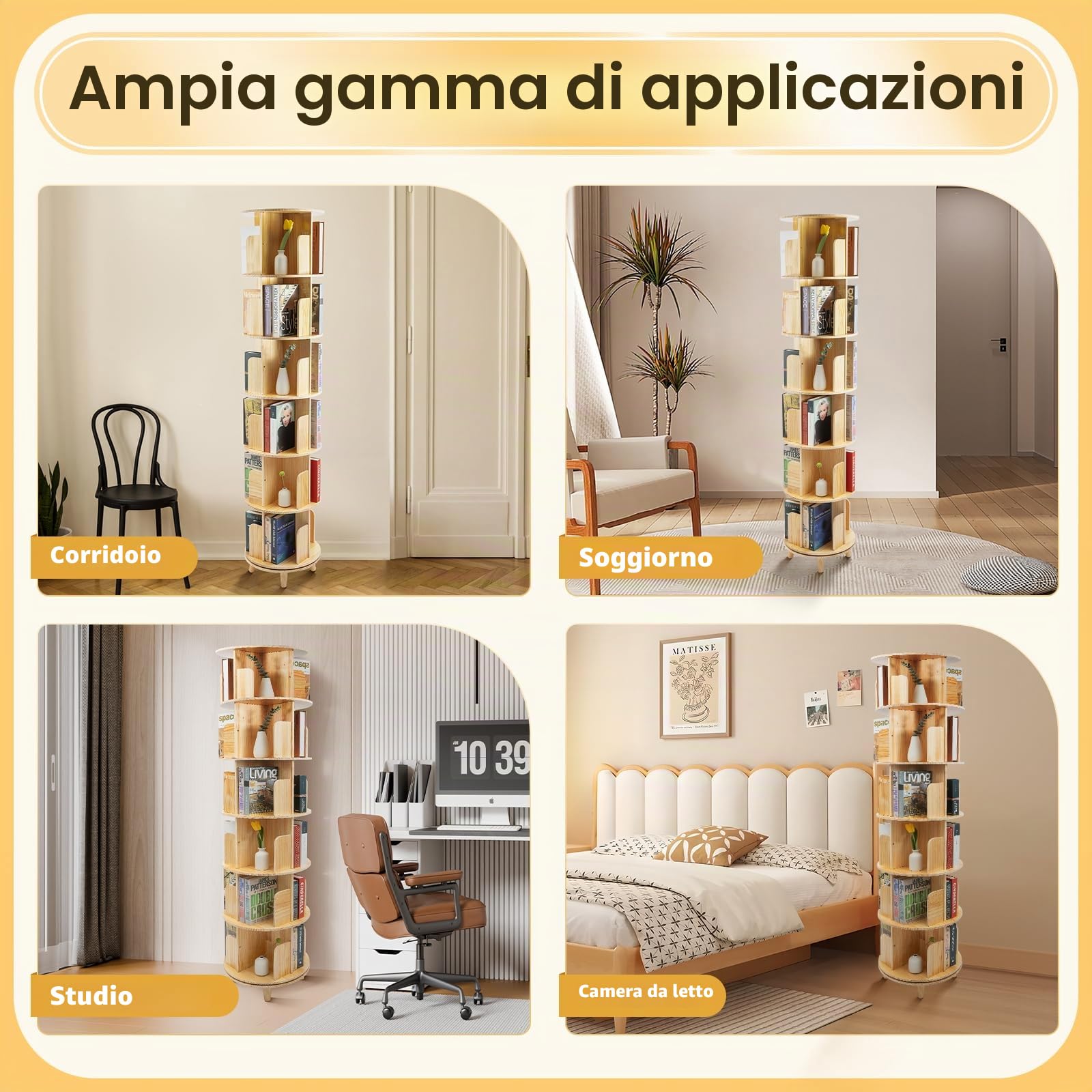 Libreria girevole, 6 ripiani, scaffale girevole in legno, grande spazio di archiviazione, design speciale, per riporre libri, souvenir, oggetti espositivi