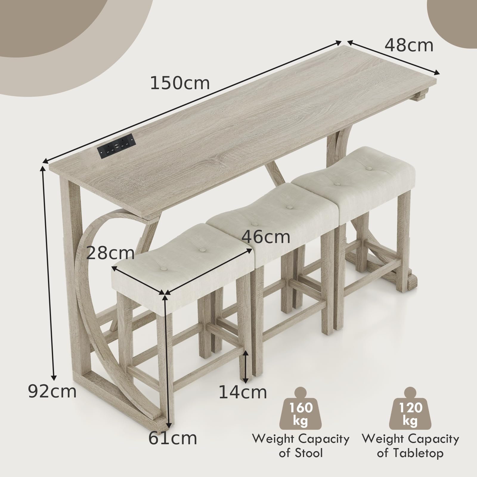 COSTWAY 4 Piece Bar Table Set with Power Outlet, Counter Height Kitchen Table and 3 Upholstered Saddle Stools Set, Dining Room Furniture for Home Restaurant Pub — view 6