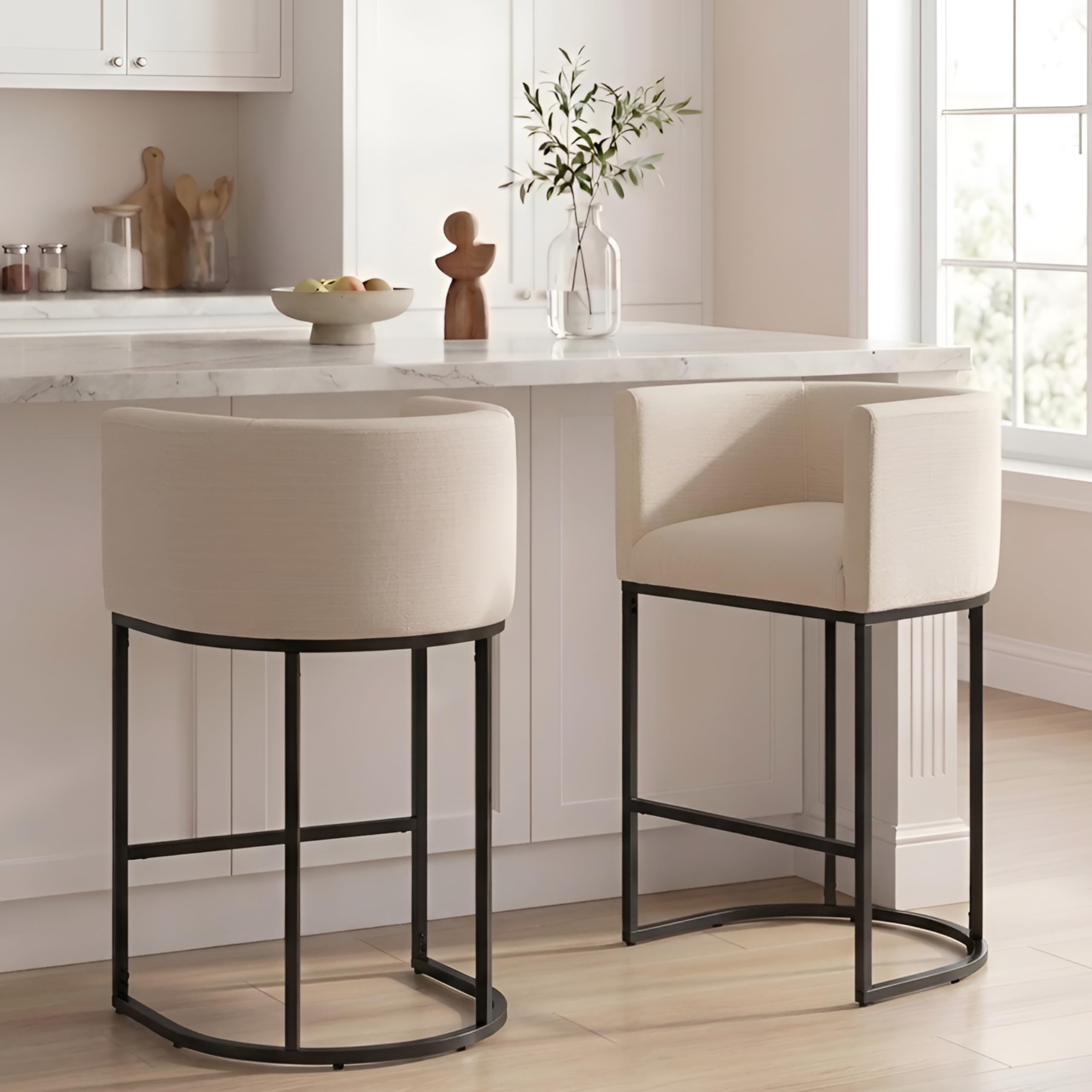 RIVOVA Contemporary Cream Linen Bar Stools Set of 2, 29" Upholstered Fabric Counter Height Barstools Kitchen Counter Island Stools with Screwed