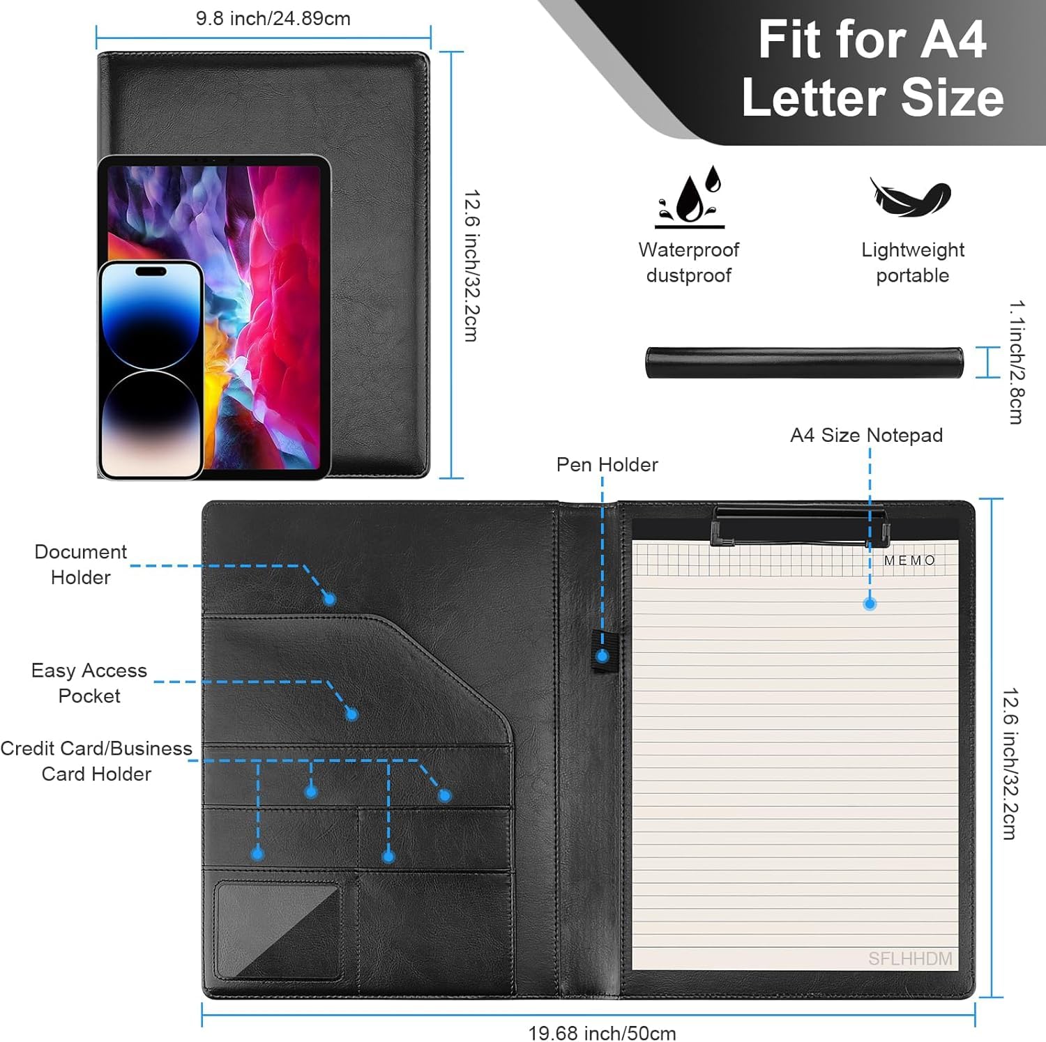 Professionelles Portfolio-Padfolio, PU-Leder, A4-Größe mit Klemmbrett, Notizblock, Visitenkartenhalter, Stiftschlaufe, mehrere Taschen für Büroorganisation (schwarz)