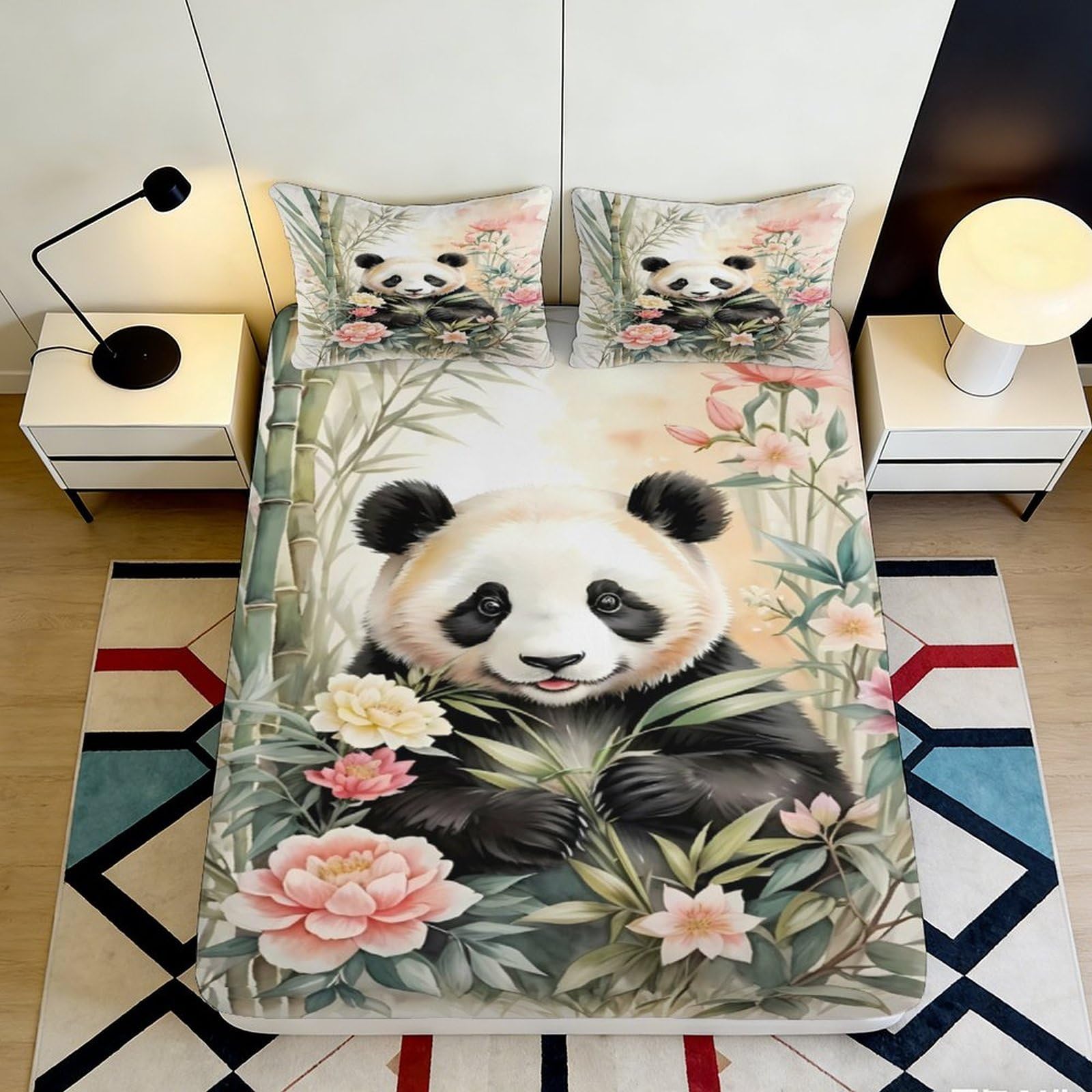 3D Printed Panda Bamboo Fitted Sheet Microfiber Soft Floral Bed Cover for Bedroom Dorm Adult Youth Mattress Protection Decor 90x200x25cm