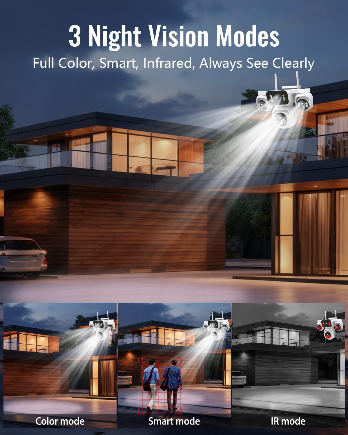 4-in-1 Wireless Outdoor Security Camera, Quad-View PTZ with 8MP HD, 16X Zoom, AI Human/Pet Detection, Color Night Vision, IP66 Weatherproof, 2-Way Audio, Dual Storage for Home Security - Image 3