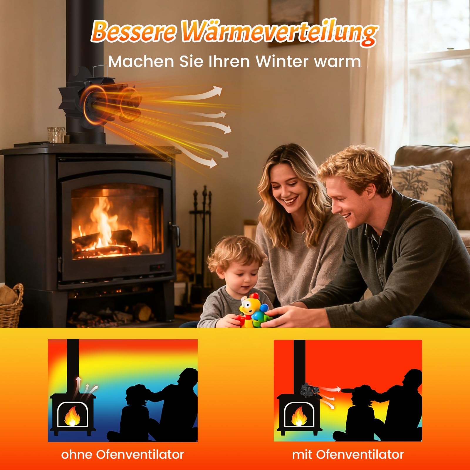Magnetischer Kaminventilator, Doppelkopf-Ofenventilator mit 12 Flügeln, thermisch angetrieben ohne Stromversorgung mit Thermometer