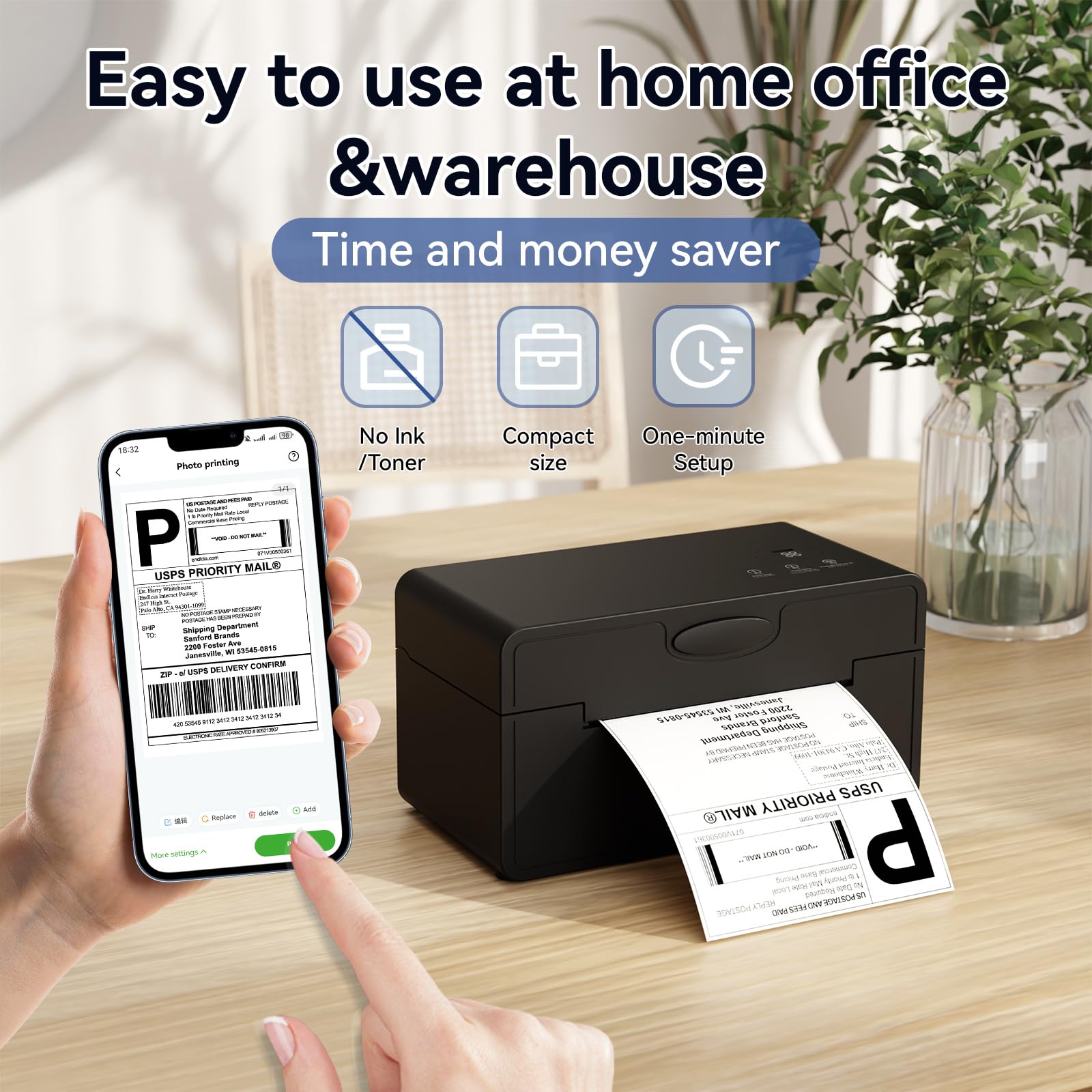 PeriPage Imprimante d'étiquettes d'expédition thermique Bluetooth, imprimante d'étiquettes d'expédition sans fil 4 x 6 pour l'expédition de colis, compatible avec iPhone, iPad, Android, Windows