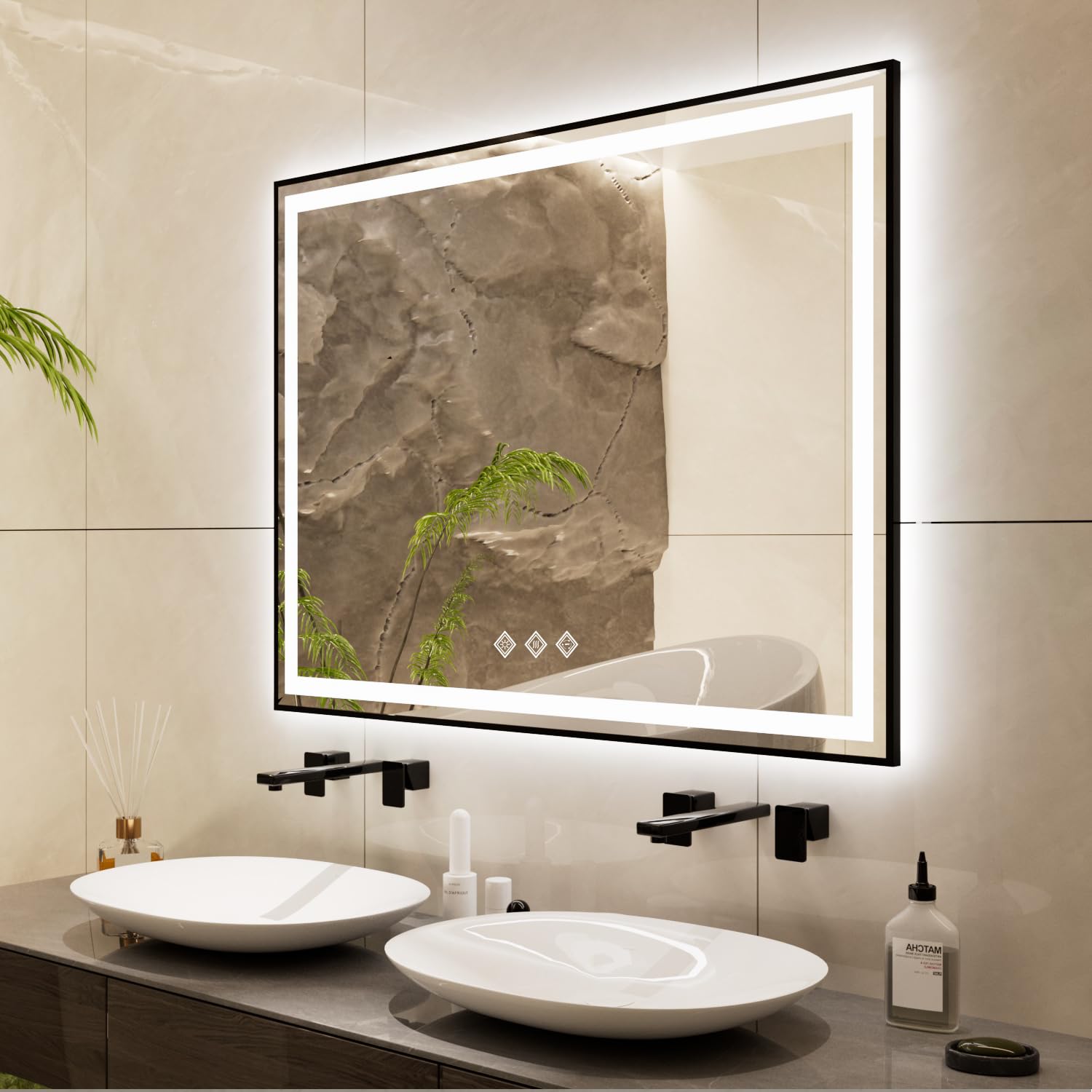 LED Mirror for Bathroom, 48x36 Inch Black Framed Gradient Front and Backlit Lighted Vanity Mirror, 3 Colors Dimmable CRI>90, Enhanced Anti-Fog Wall Mounted Smart Mirror Bathroom