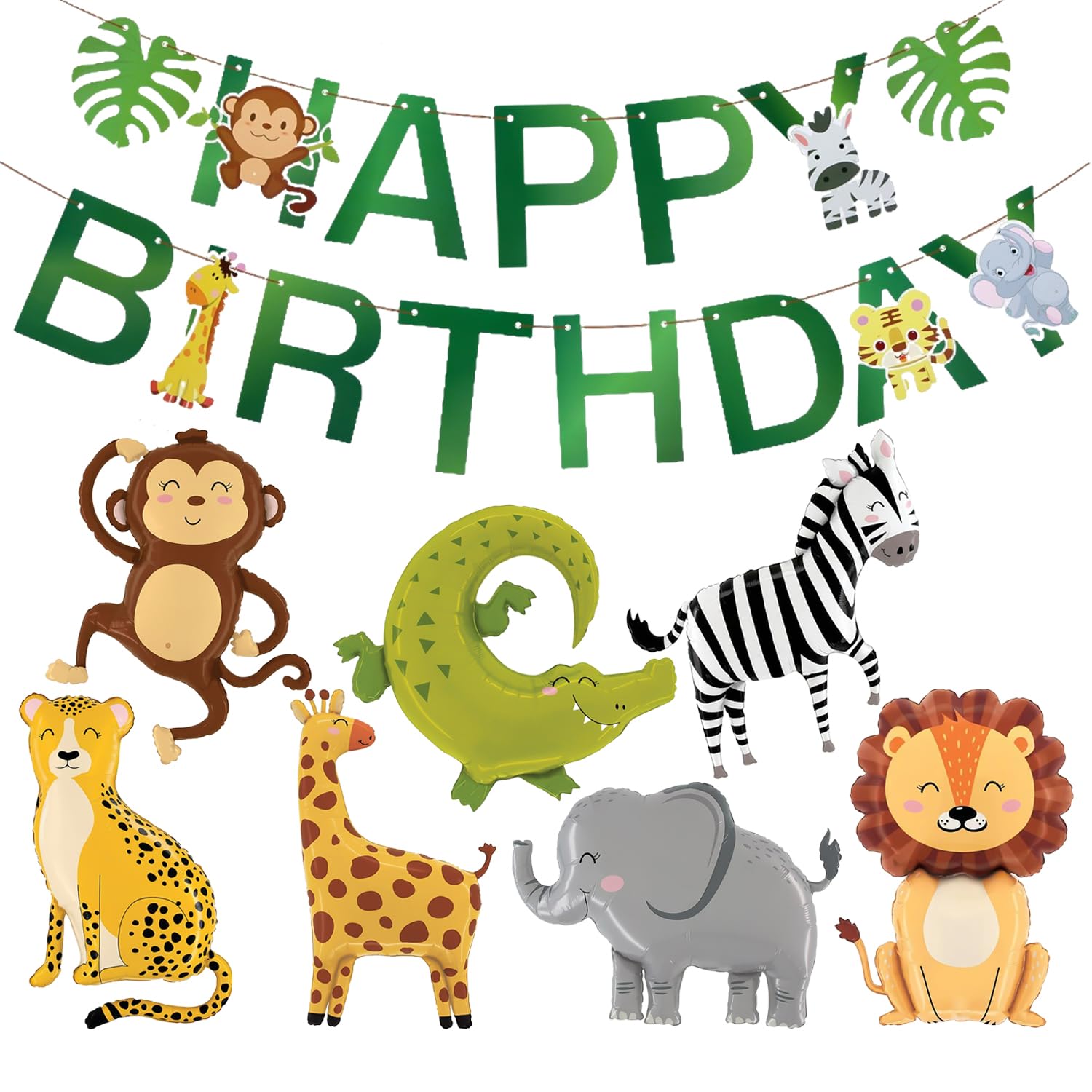 7 Pieces Of Jungle Animal Aluminum Film Balloons And 1 Piece Of Pulling Flag, Cartoon Animal Decorations, Party Decorations