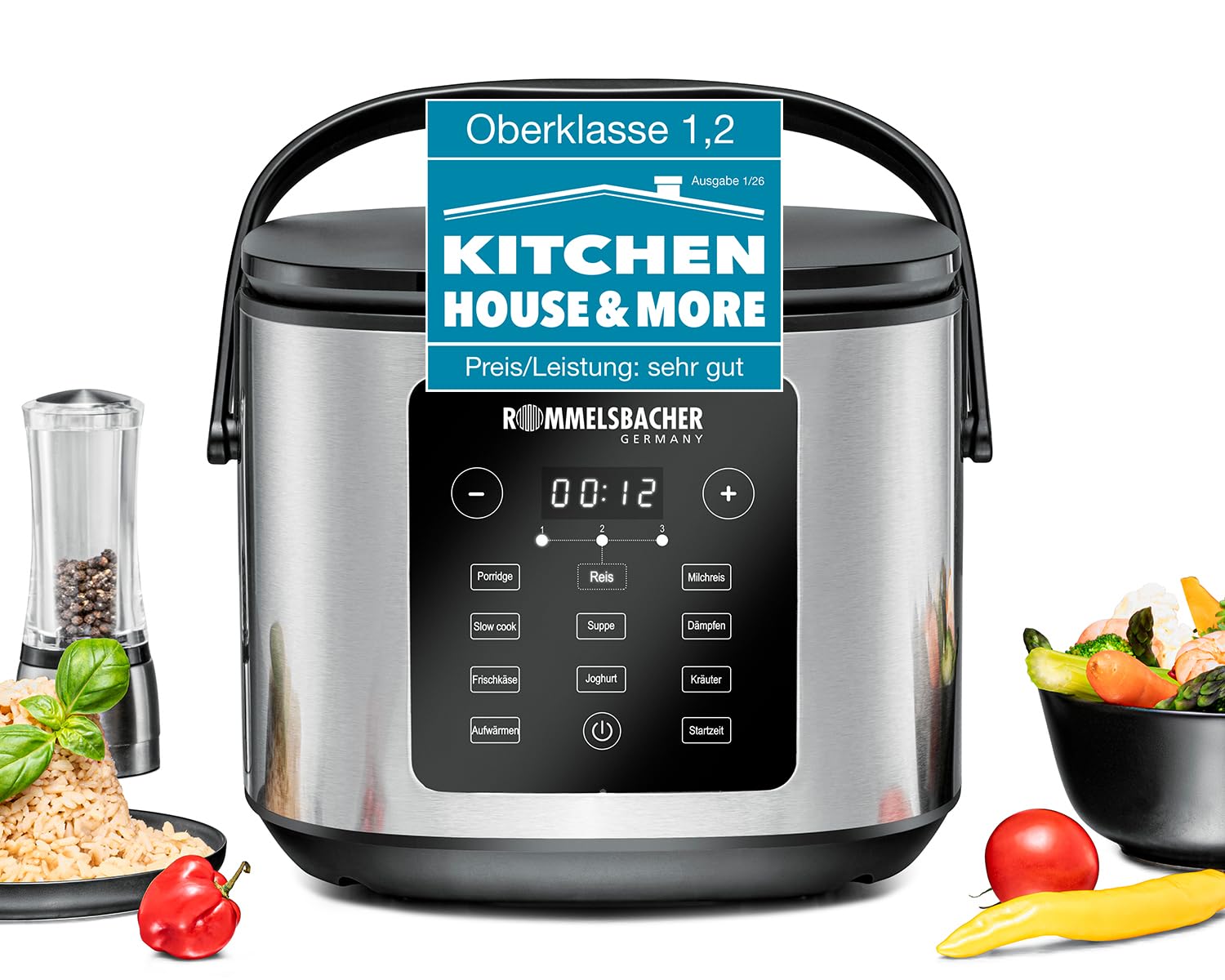 ROMMELSBACHER MRK 950 Cuiseur à riz multi-usages 12 programmes, départ différé 24 heures, technologie de chauffage 3D, économie d'énergie, revêtement en céramique, sans PFAS, volume utile de 3,5 l