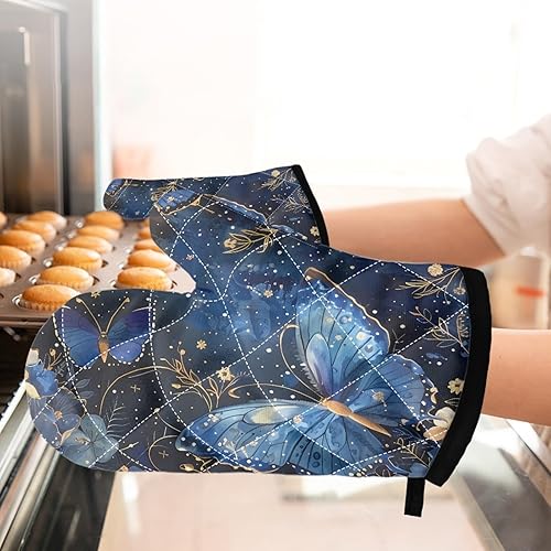 Miniatura 2 de UNICEU Juego de 4 guantes de horno y agarraderas de mariposa azul caliente resistentes al calor para cocina, juego de regalo con agarre texturizado