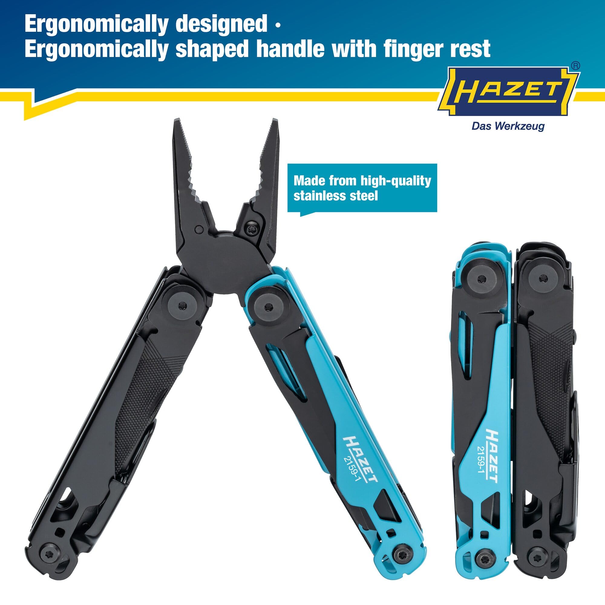 HAZET Multitool 2159-1, 13 en 1, acero inoxidable, con alicates de punta, cuchillo, sierra, destornillador, llave hexagonal, tijeras, clip para cinturón, incl. funda robusta para cinturón".