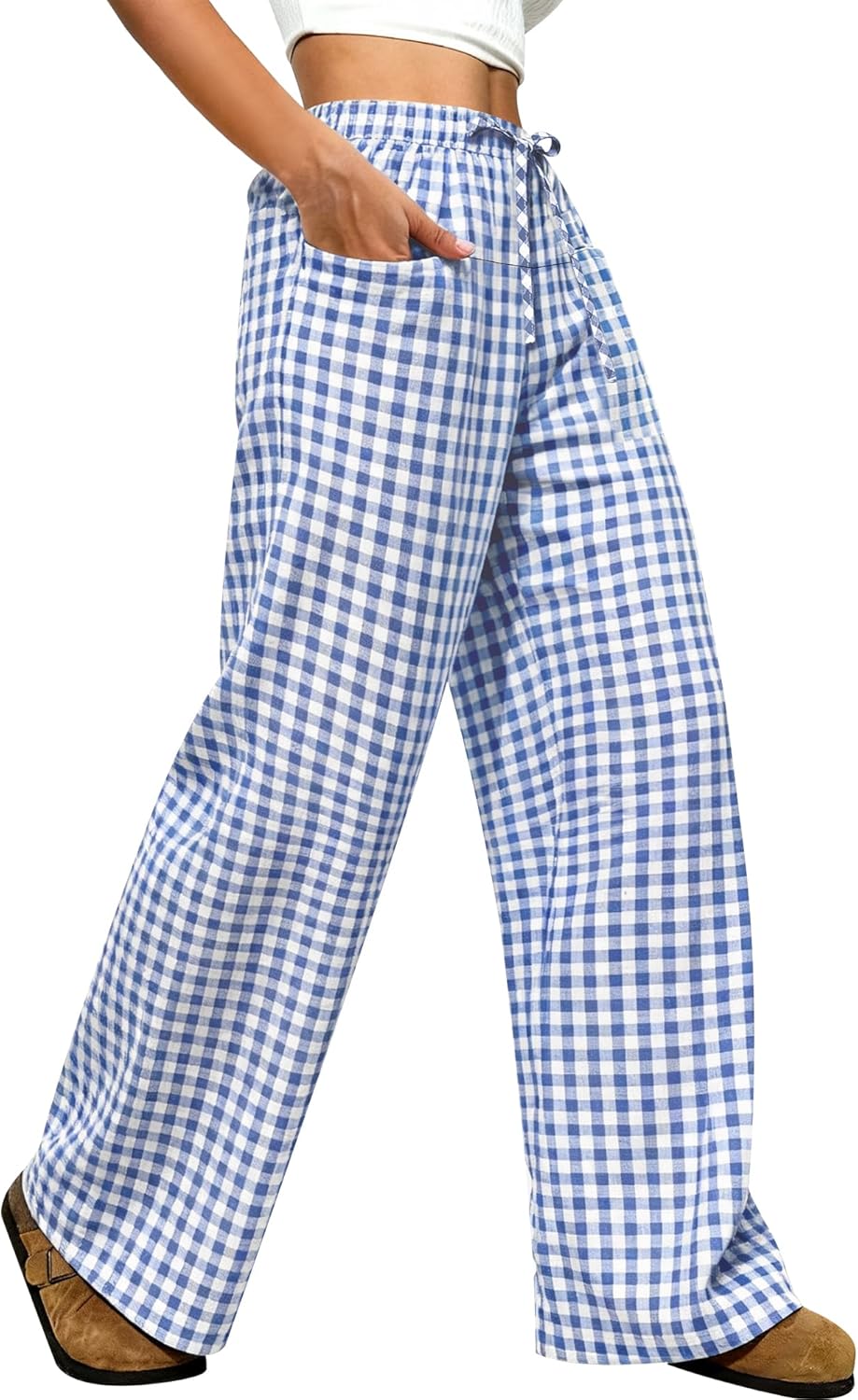 ANRABESS Womens Striped Gingham Pants 2026 Pajama Drawstring Wide Leg Lounge Plaid Pants Cute Casual Trousers with Pockets - Image 2