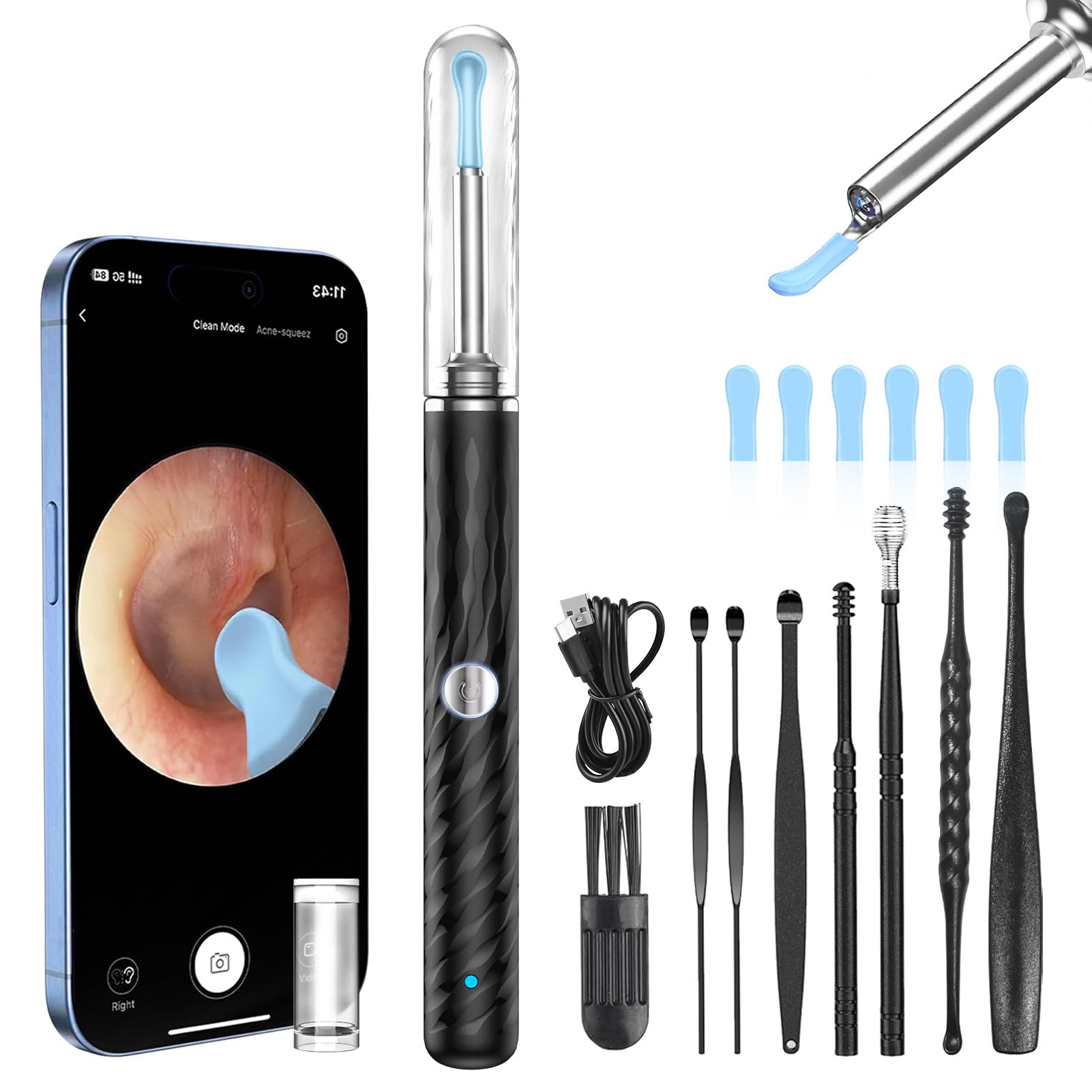Otoscope Oreille 1080P HD IP67 Étanche Nettoyant Oreille Avec Camera Oreille Nettoyage de 3 5 mm 6 Lumières LED Outil de Nettoyage d'oreille WIFI Adapté aux Smartphones et Tablettes IOS et Android