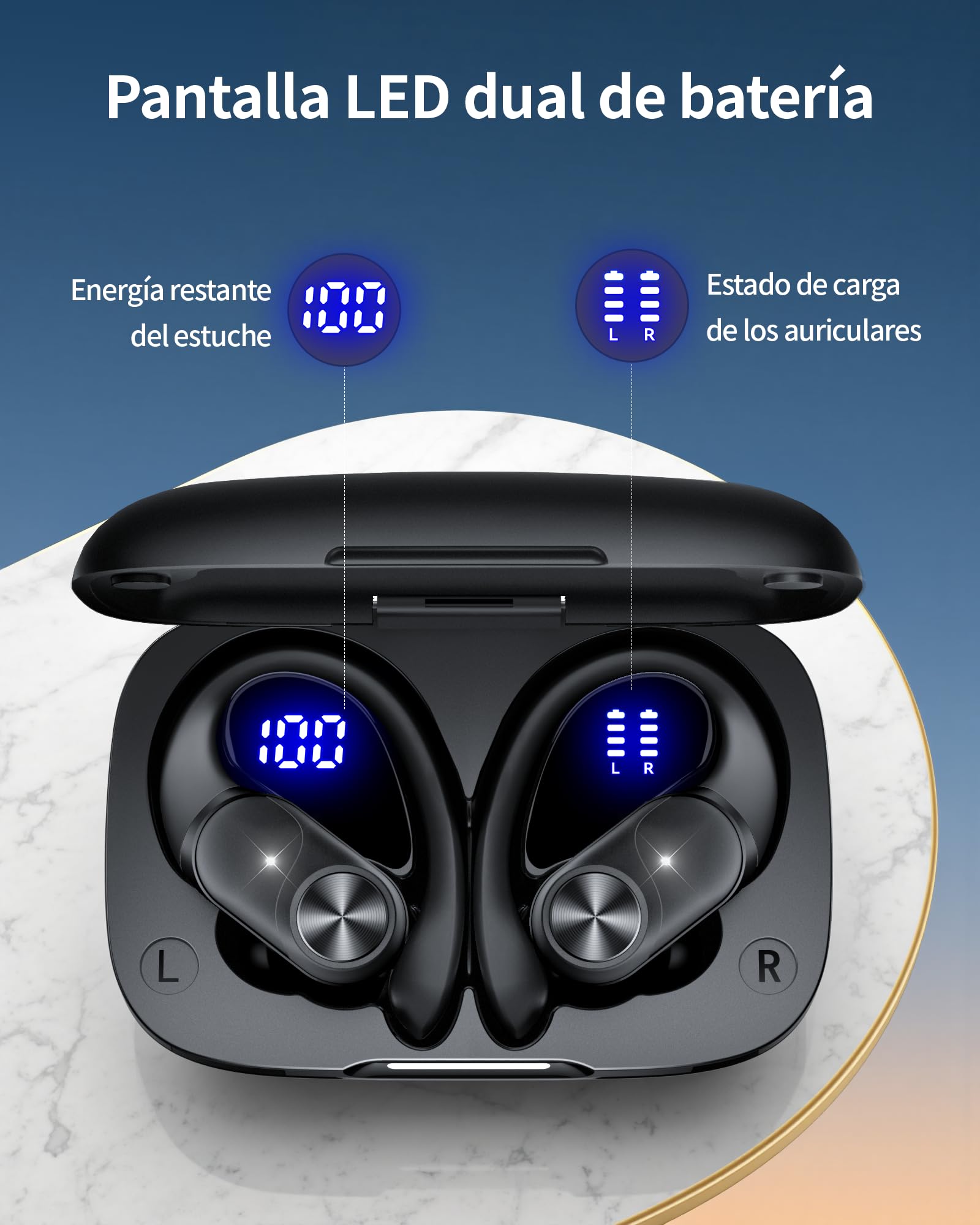 Auriculares Inalámbricos Bluetooth Deportivos 5.3 , 80h Autonomía, Doble Pantalla LED Batería, IPX7 Resistentes, Micrófono Integrado, Controles Físicos, Auriculares para Correr con Gancho de Oreja — view 6