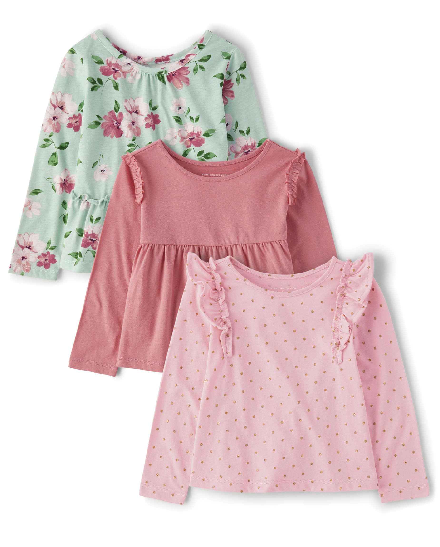 The Children's Place,and Toddler Girl Long Sleeve Shirts 3-Pack,Kaida Dot_Light Plum_Rose Gold Glitter | Katherine Floral_Sea Spray_Windsor Rose | Lotus Flower,18-24 Monts