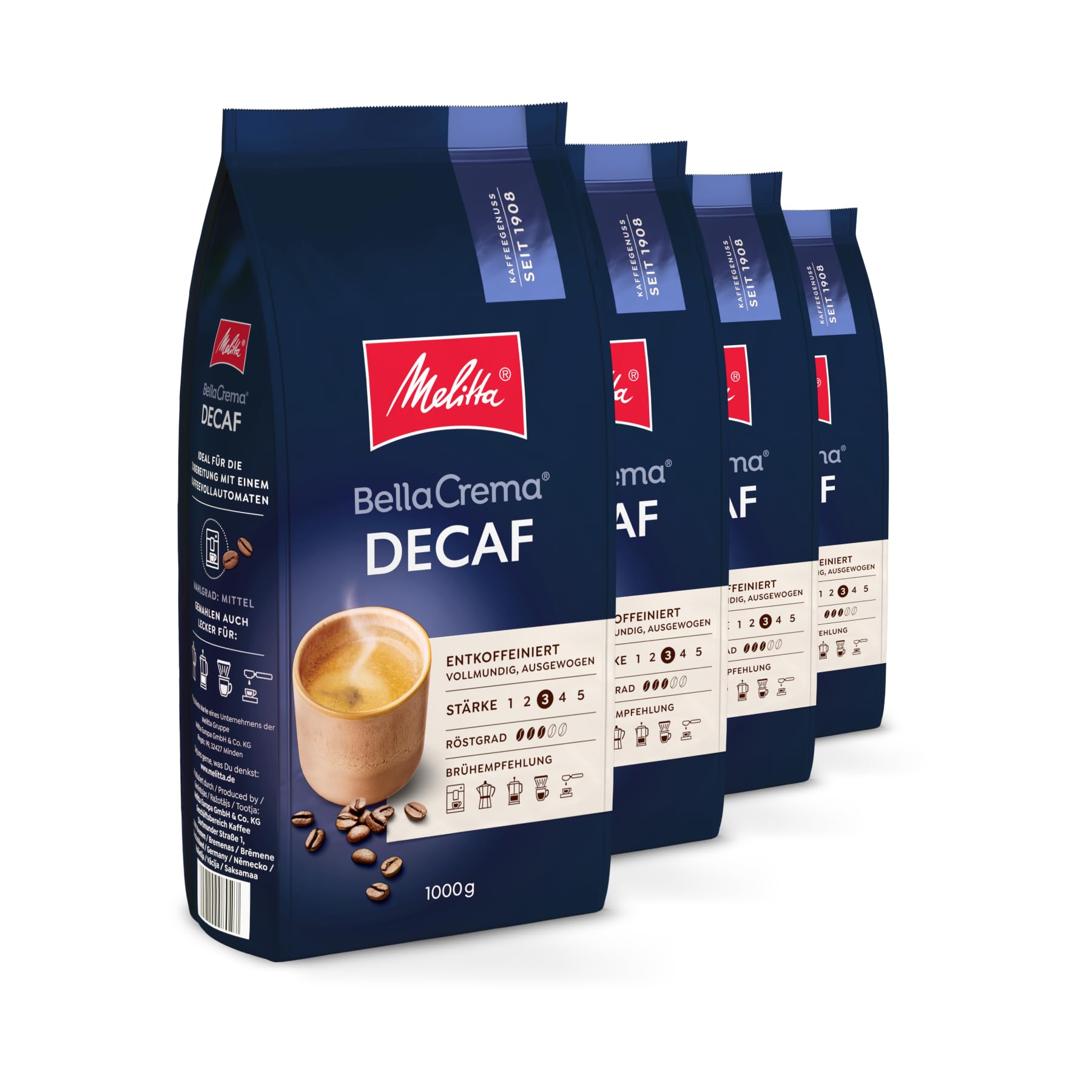Melitta BellaCrema Decaf Ganze Kaffee-Bohnen entkoffeiniert 4 x 1kg, ungemahlen, Kaffeebohnen für Kaffee-Vollautomat, koffeinfrei, milde Röstung, geröstet in Deutschland, Stärke 3 | Vollmundig und ausgewogen, mittlere Röstung, geeignet für Vollautomaten