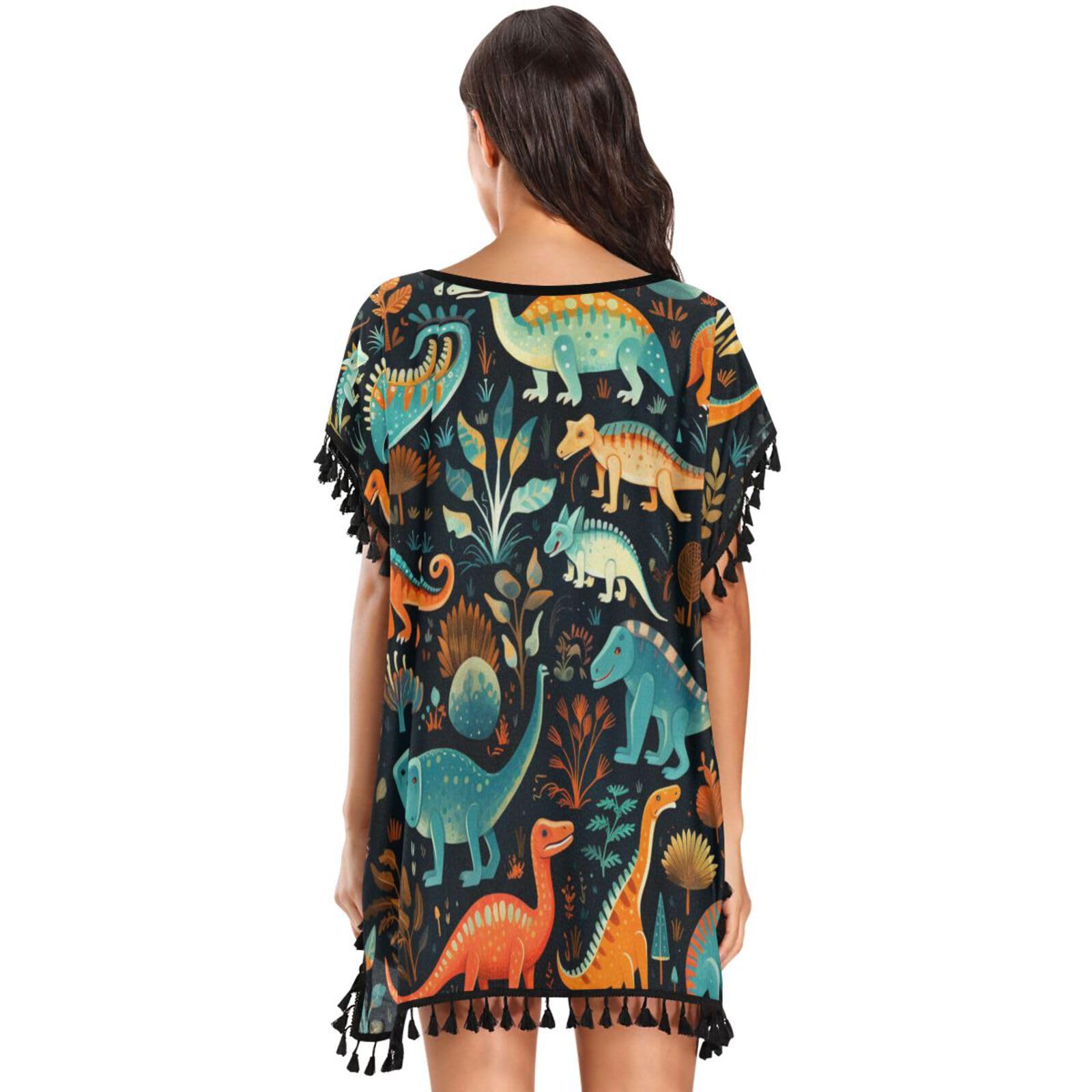Black Art Colorful Dinosaurs Women's Beach Cover Up Chiffon Tassel Swimwear Swimsuit Coverups for Girl