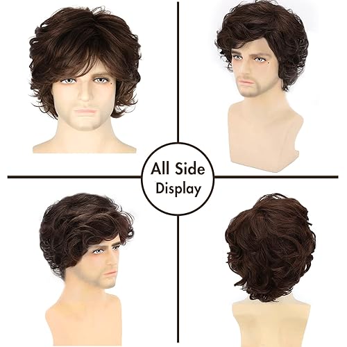 Miniatura 4 de Peluca marrón para hombre, peluca corta ondulada marrón esponjosa para hombres y niños, pelo sintético natural para disfraz