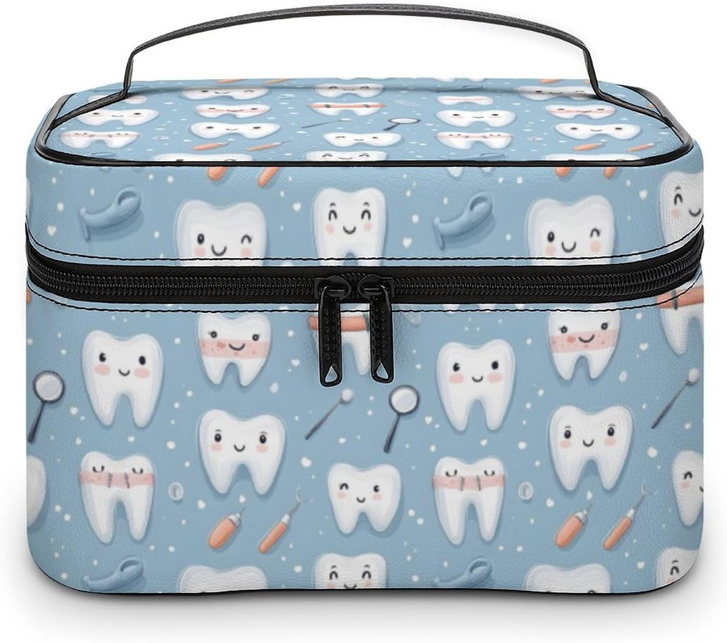 Large Travel Makeup Bag Organizer - Leather Travel Cartoon Teeth Cute Print Cosmetic Toiletry Bag for Women, Nail Skincare Makeup Case Organizer with Compartments Brush Storage And Handle