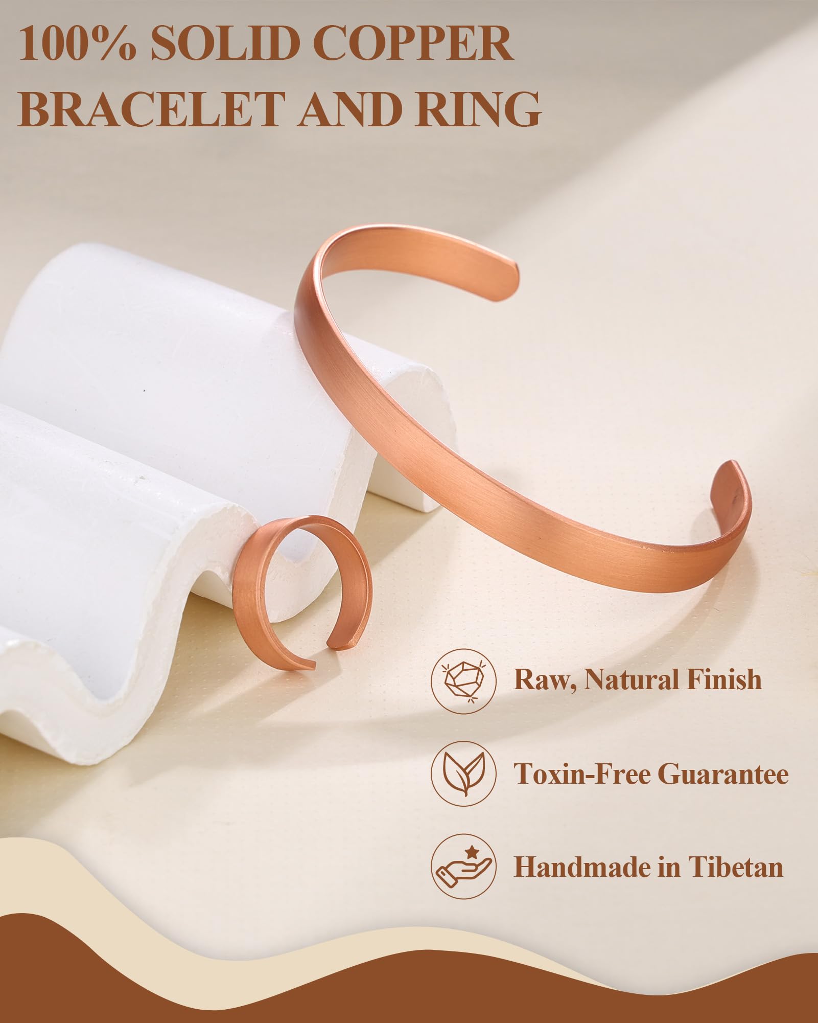 BioMag Set di braccialetti e anelli in puro rame, per uomini e donne, 100% massiccio, grezzo e non rivestito, fatto a mano martellato tibetano (arco liscio)