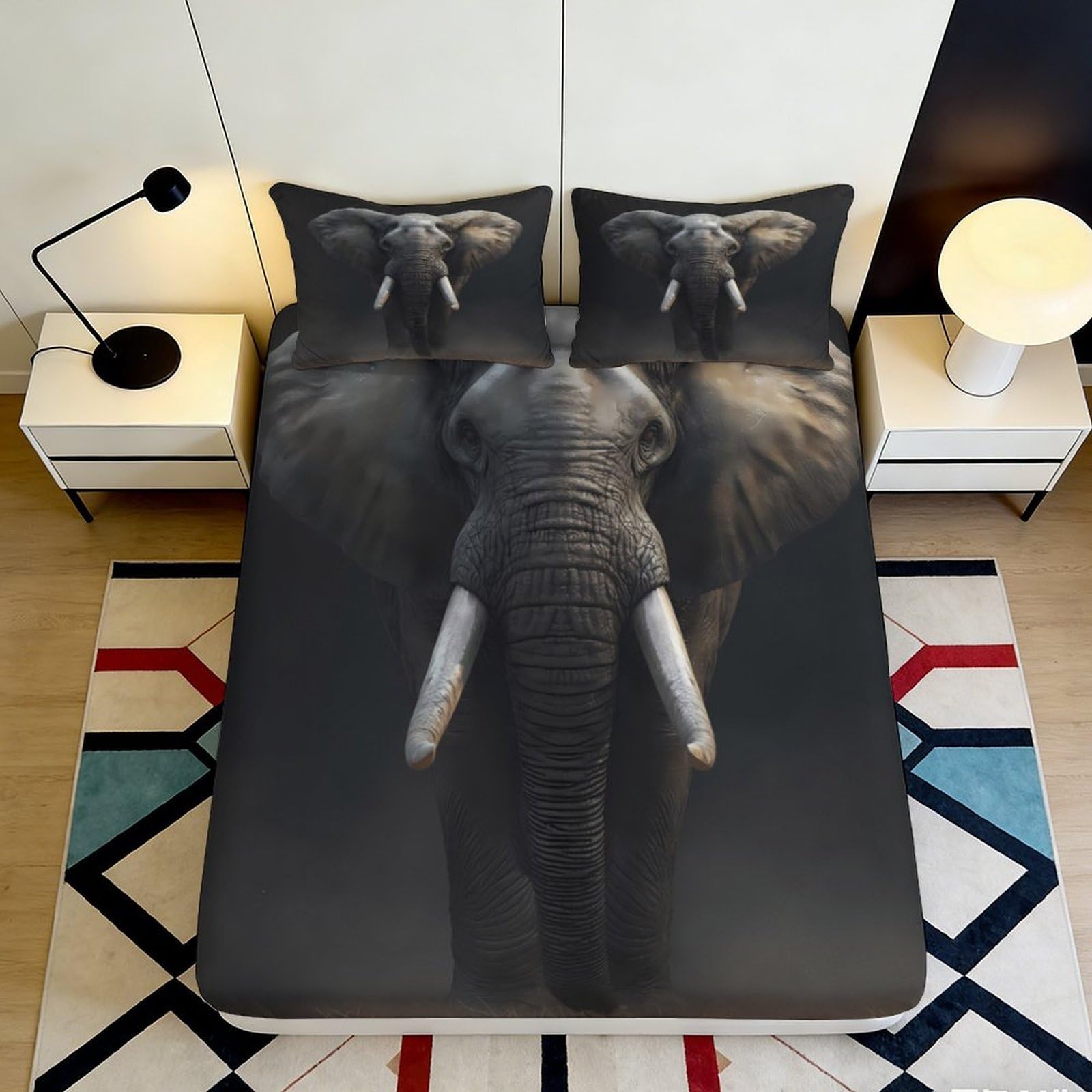 3D Printed Elephant Design Fitted Sheet Microfiber Soft Breathable Elephant Print Bed Cover for Bedroom Dormitory Guest Room Mattress Protection Decor 140x200x25cm