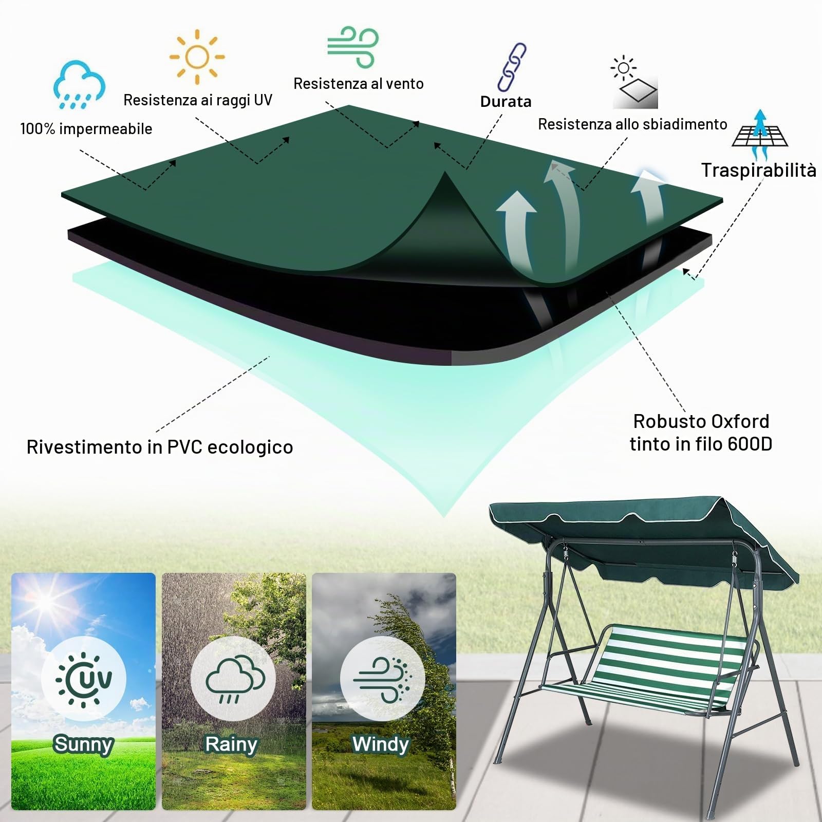 Coprisedile da Giardino per Dondolo, per Sedia a Dondolo da Giardino, Coprisedili per Altalena da Giardino, Copertura per Sedia, 2 e 3 Posti Strisce Orizzontali Verde 158 * 52 * 52cm