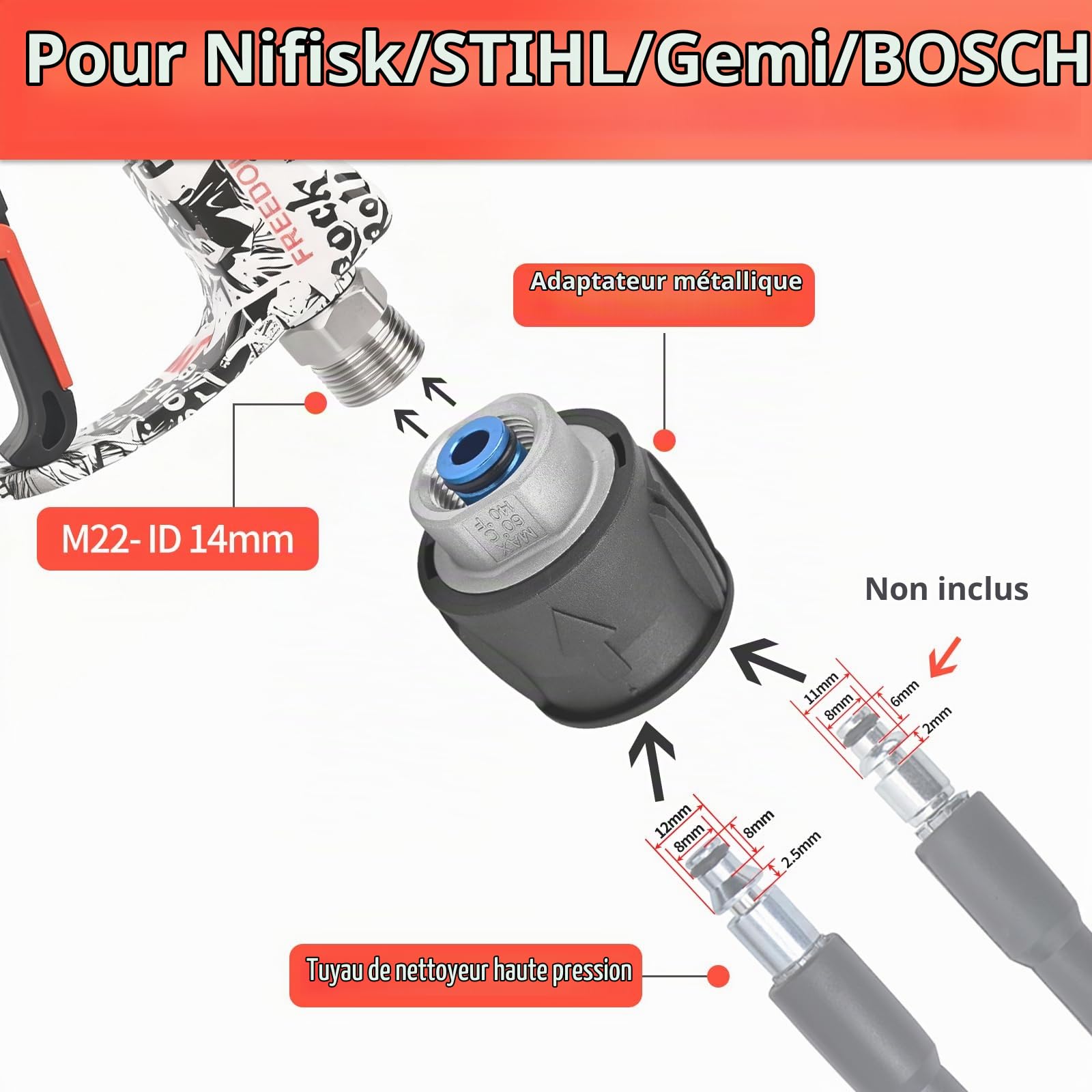 BEAR FORCE Pistolet pulvérisateur pour nettoyeur haute pression M22-ID14 mm et connecteur rapide 1/4" - Ensemble de lance à mousse pour Bosch, Nilfisk, STIHL, pour nettoyeur haute pression Gerni