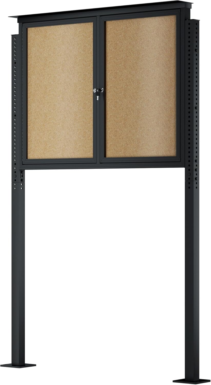 INNOVART Standing Enclosed Bulletin Board 48”x36”, Outdoor Lockable Community Sign with Aluminum Frame and Metal Pole, Enclosed Bulletin Board Weatherproof, Information Cabinet Display Case with Door