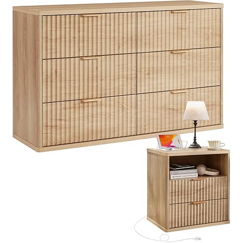 LEYAOYAO Fluted Dresser and Nightstand Sets, Wood 48" Wide Dresser & 23" Night Stand with Charging Station, 2 Piece Bedroom Furniture Set, Chest of Drawers for Bedroom, Home, Living Room, Blue