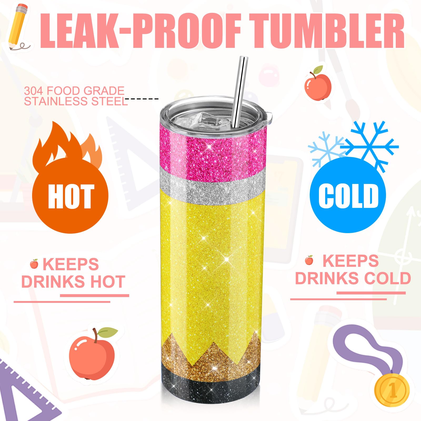 Skylety 12 pezzi regali di apprezzamento di Natale regali per insegnanti 590 ml matita glitter bicchiere tazza in acciaio inox matita portachiavi stile matita penna glitter per insegnanti di Natale