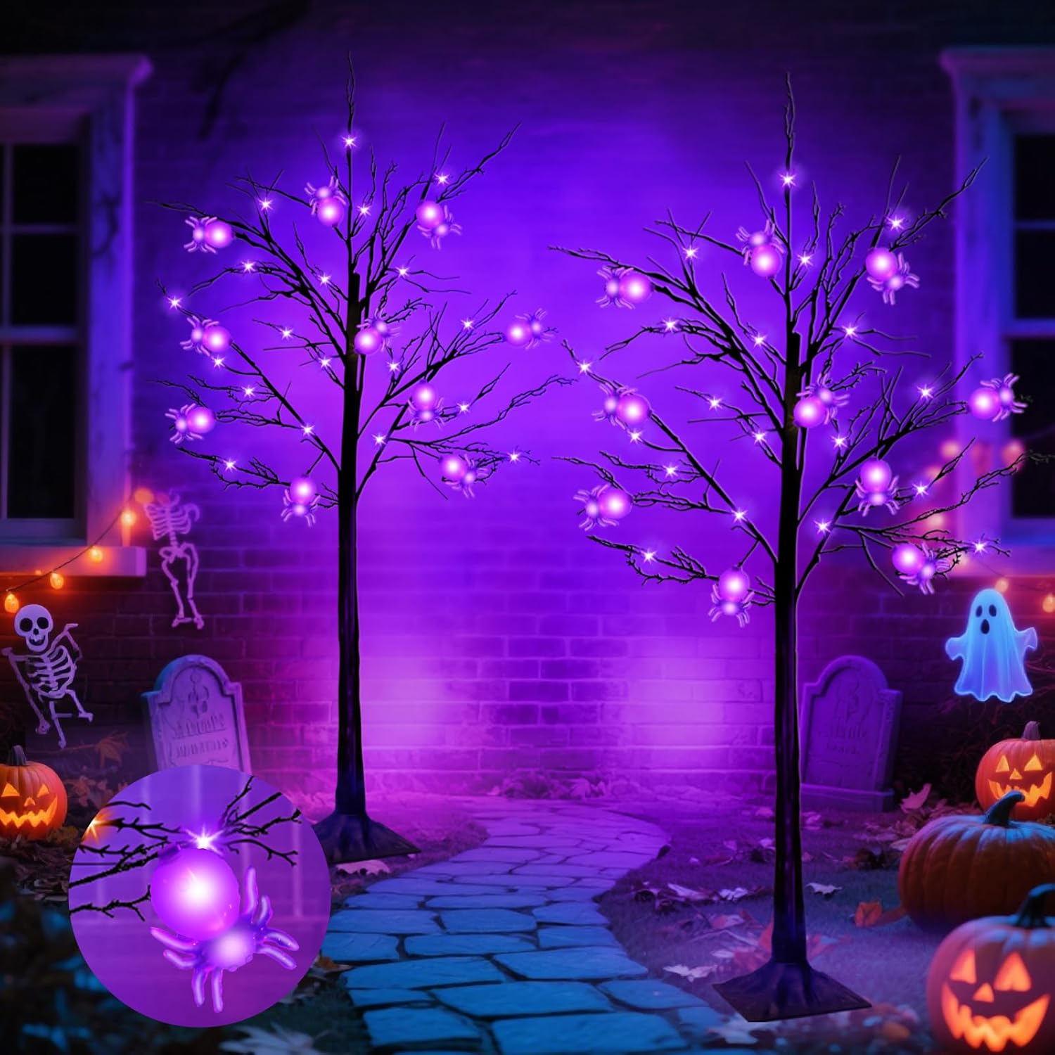TURNMEON 2 Pack 5 Ft Halloween Tree Decorations, Black Spooky Tree with Timer Total 128 LED Purple Lights 32 3D Spiders DIY Ornaments for Halloween Decor Home Indoor Outdoor Party (Plug in/8 Stakes)