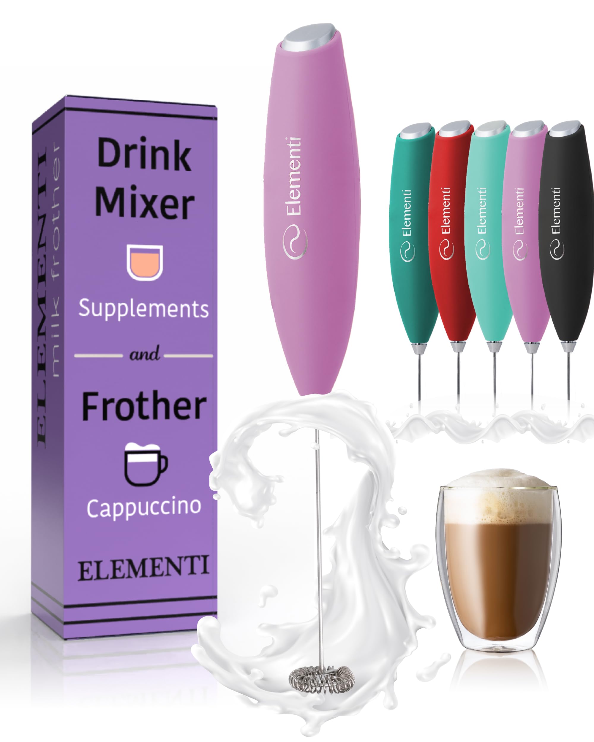 Elementi Milk Frother Handheld, Powerful Mini Coffee Frother Whisk, Hand Held Coffee Whisk Electric & Frappe Maker