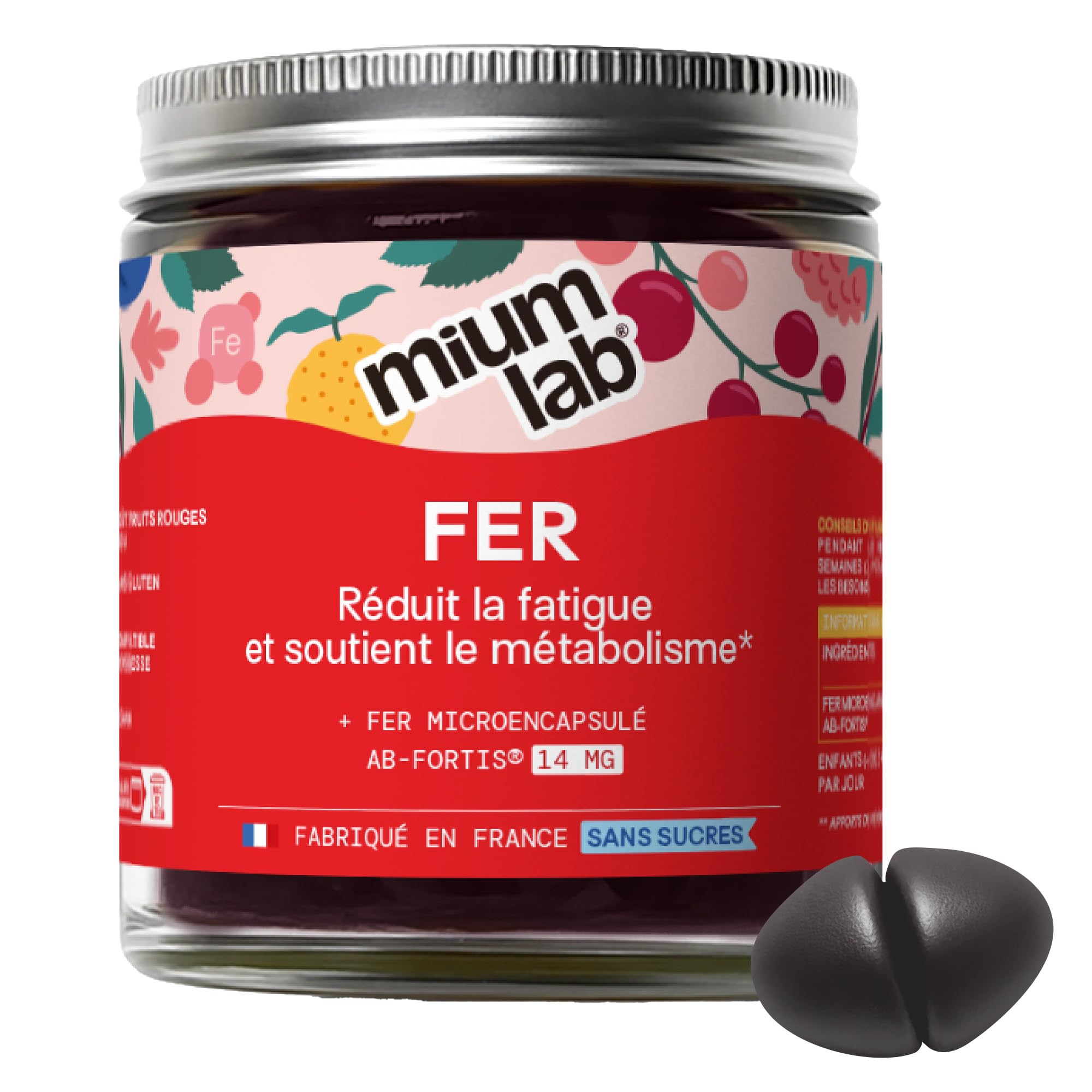 Mium Lab - Fer Breveté 14mg (100% des besoins) AB-Fortis® Micro-encapsulé - Enfants & Adultes - 3 à 6 semaines - Fatigue & Immunité - 42 gummies sans sucre - 100% Français - Goût Fruits Rouges & Yuzu
