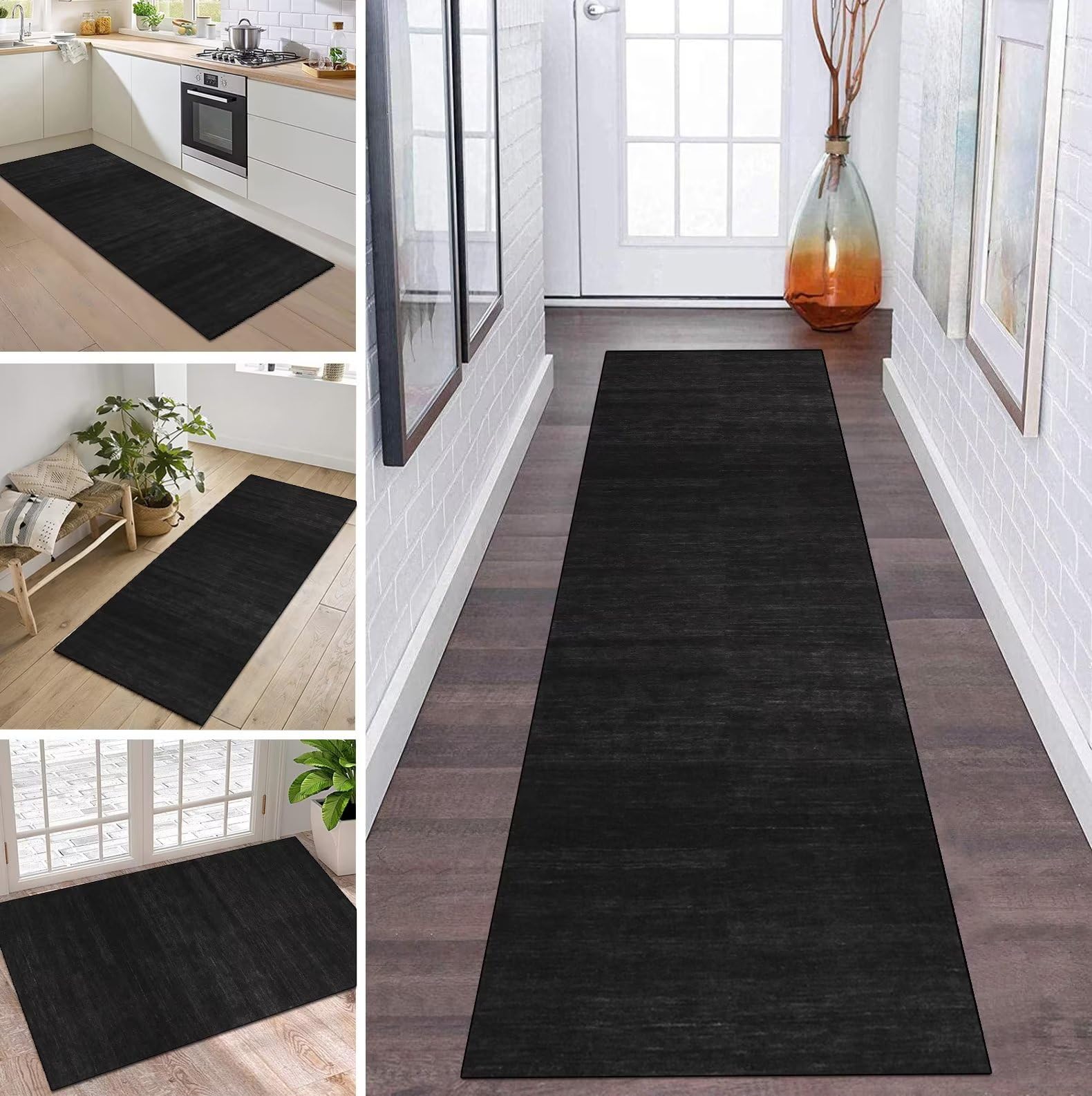 ZDYHMrj Alfombra larga para pasillo, antideslizante, lavable, 40 x 60 cm, para pasillo, color negro, gris oscuro, dormitorio, salón, poliéster, duradera, personalizable