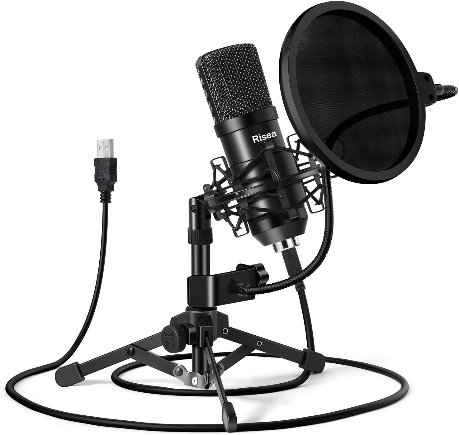 USB Gaming Microphone, Risea Computer Condenser PC Mic with Tripod Stand & Pop Filter for Streaming, Podcasting, Gaming, Vocal Recording, Compatible with iMac PC Laptop Desktop Windows Computer