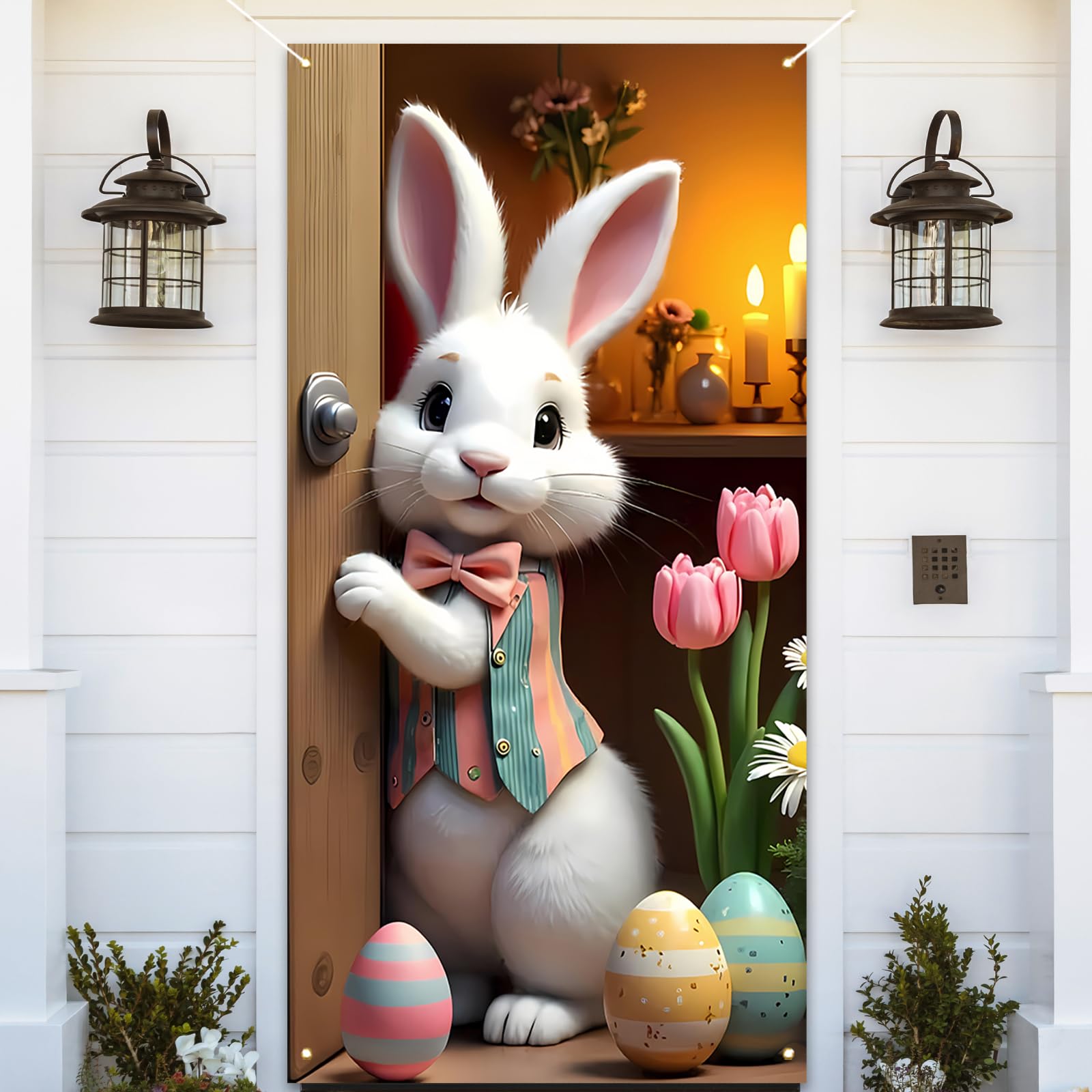 Easter Door Cover Egg Rabbit Flower Tulip Photo Backdrop Happy Easter Spring Summer Party Decorations and Supplies for Home