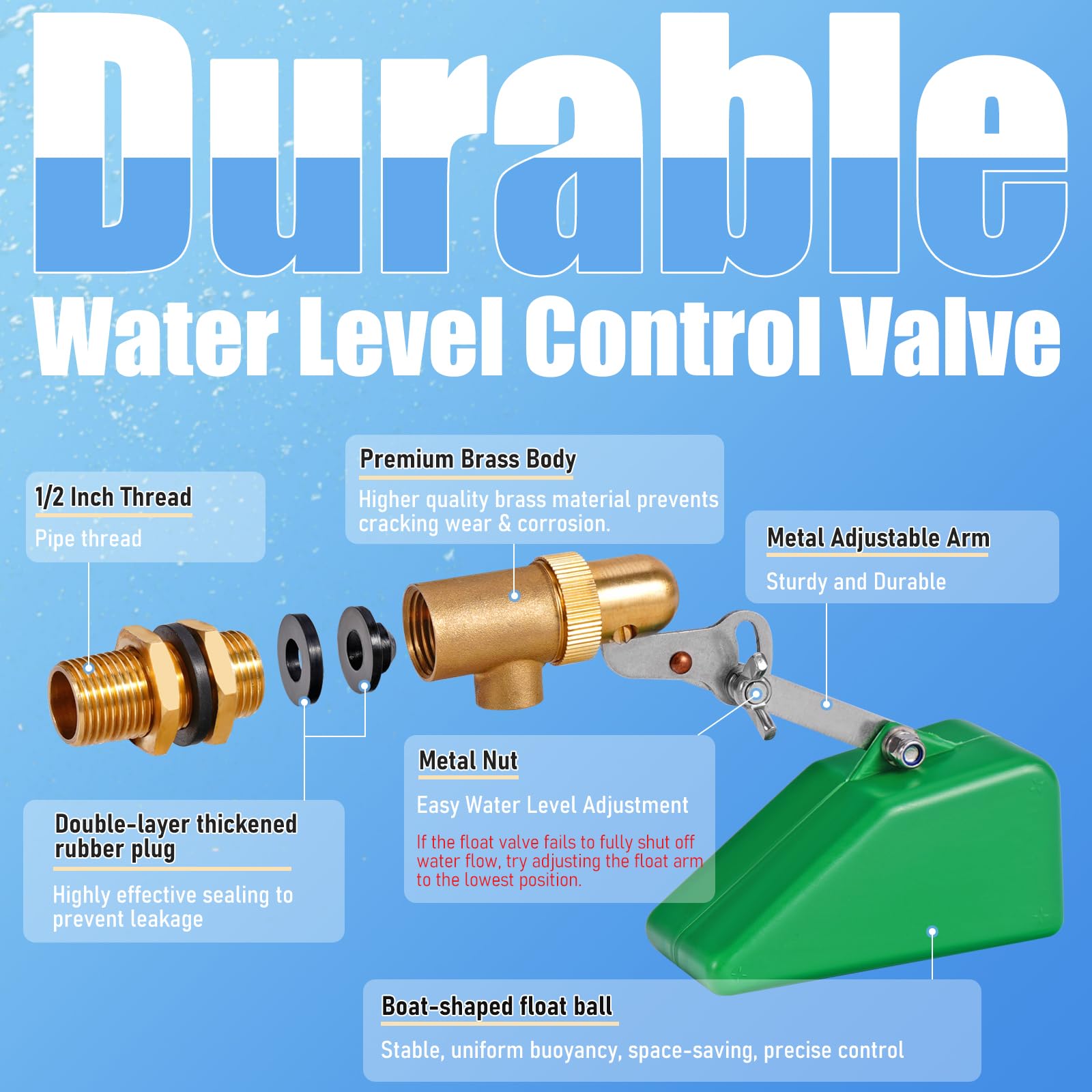 Válvula de flotador de latón de 1/2 pulgada con brazo ajustable, válvula de driver de nivel de agua de 40 PSI, válvula de bola de flotador de llenado automático de 1.46 GPM para tanque de