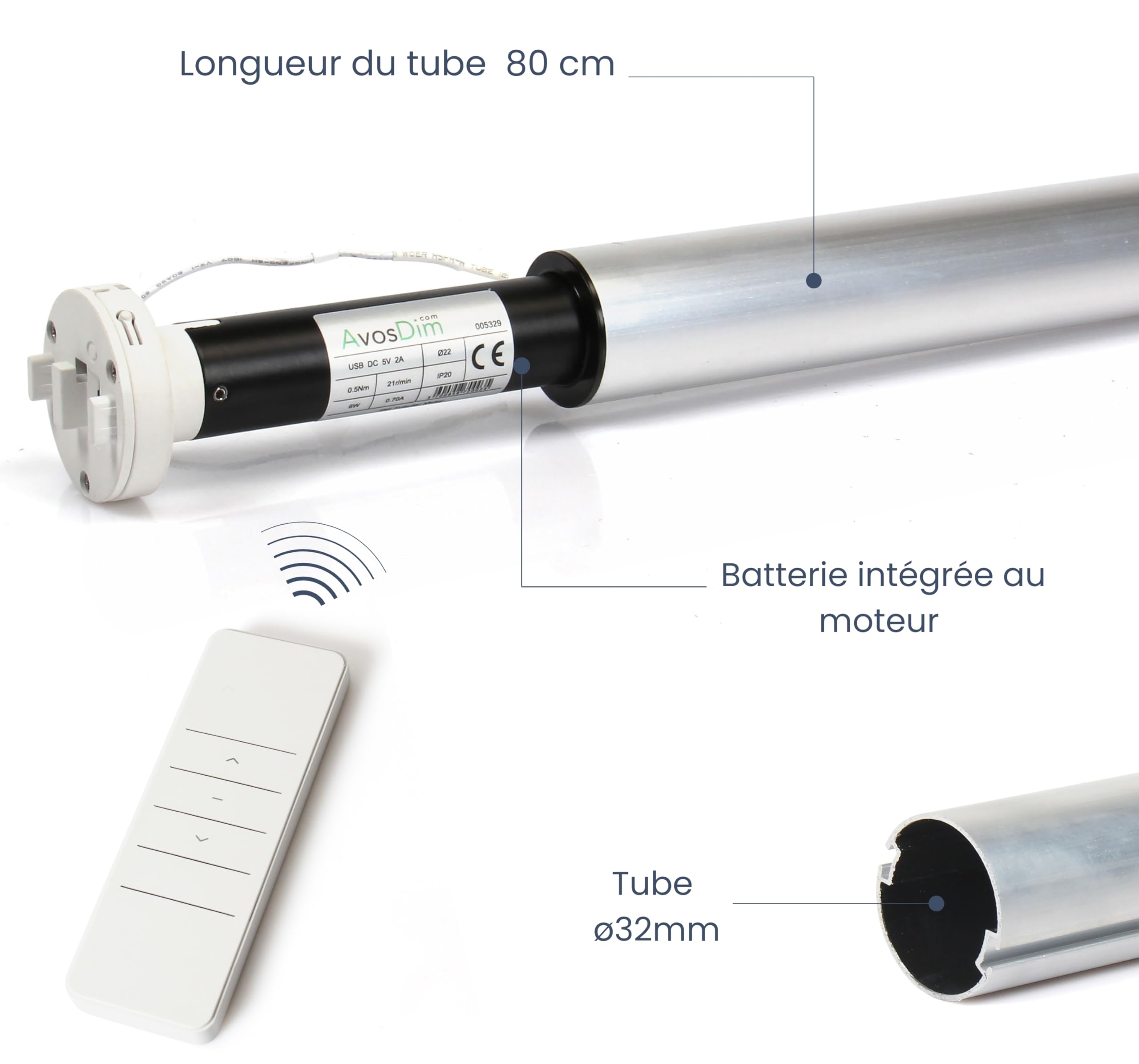 Avosdim Tenda a Rullo Senza Fili Motore con Batteria Ricaricabile + Telecomando, Facile Installazione (Tubo Ø 32mm, Tubo LG 80cm)