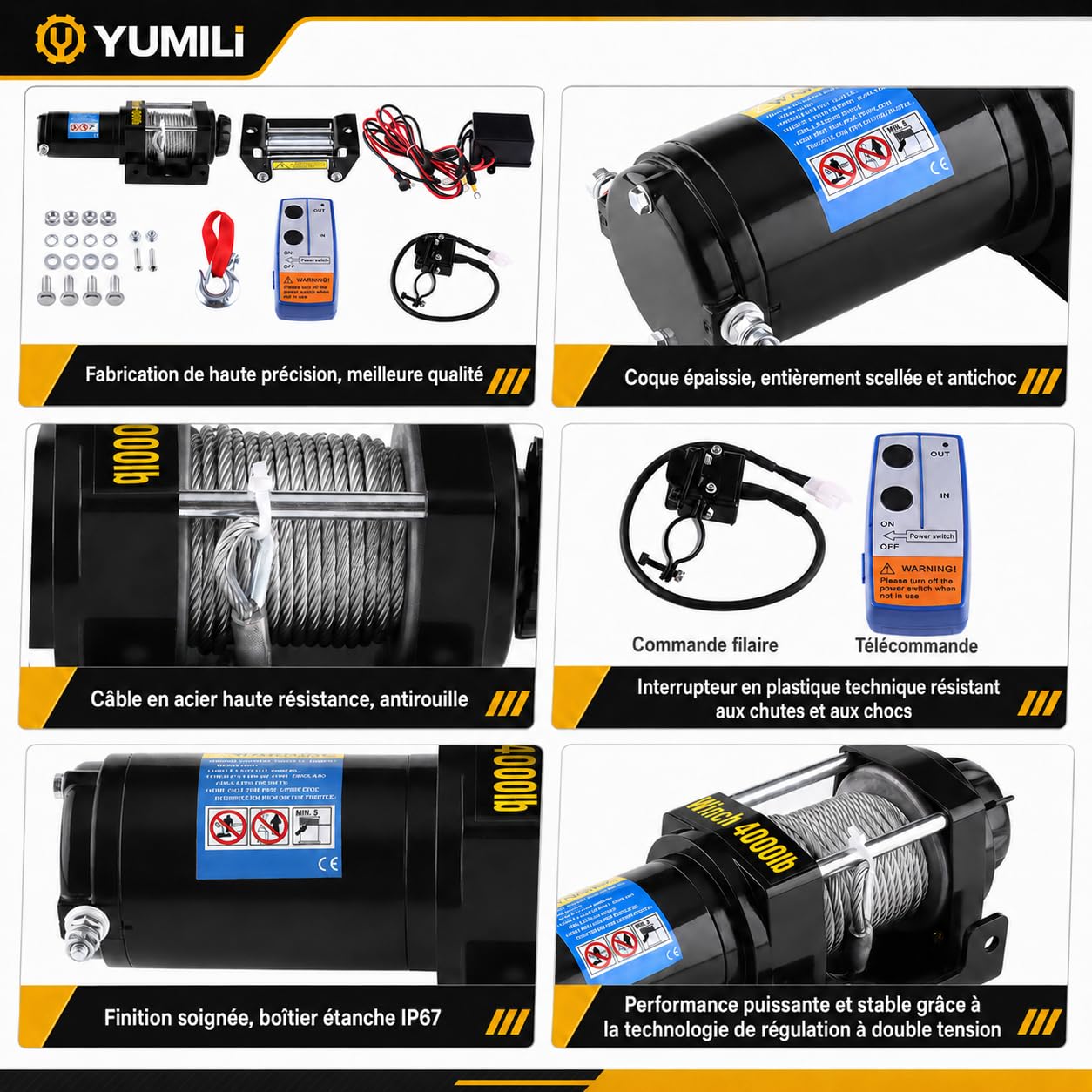 Treuil Électrique 12 V, 4000 lb/1814 kg Kit de Treuil de Récupération Électrique IP67, Câble en Acier 4.8 mm*15 m avec Télécommande sans Fil, pour UTV/ATV, Remorques de Bateaux, Dépannage Tout-Terrain